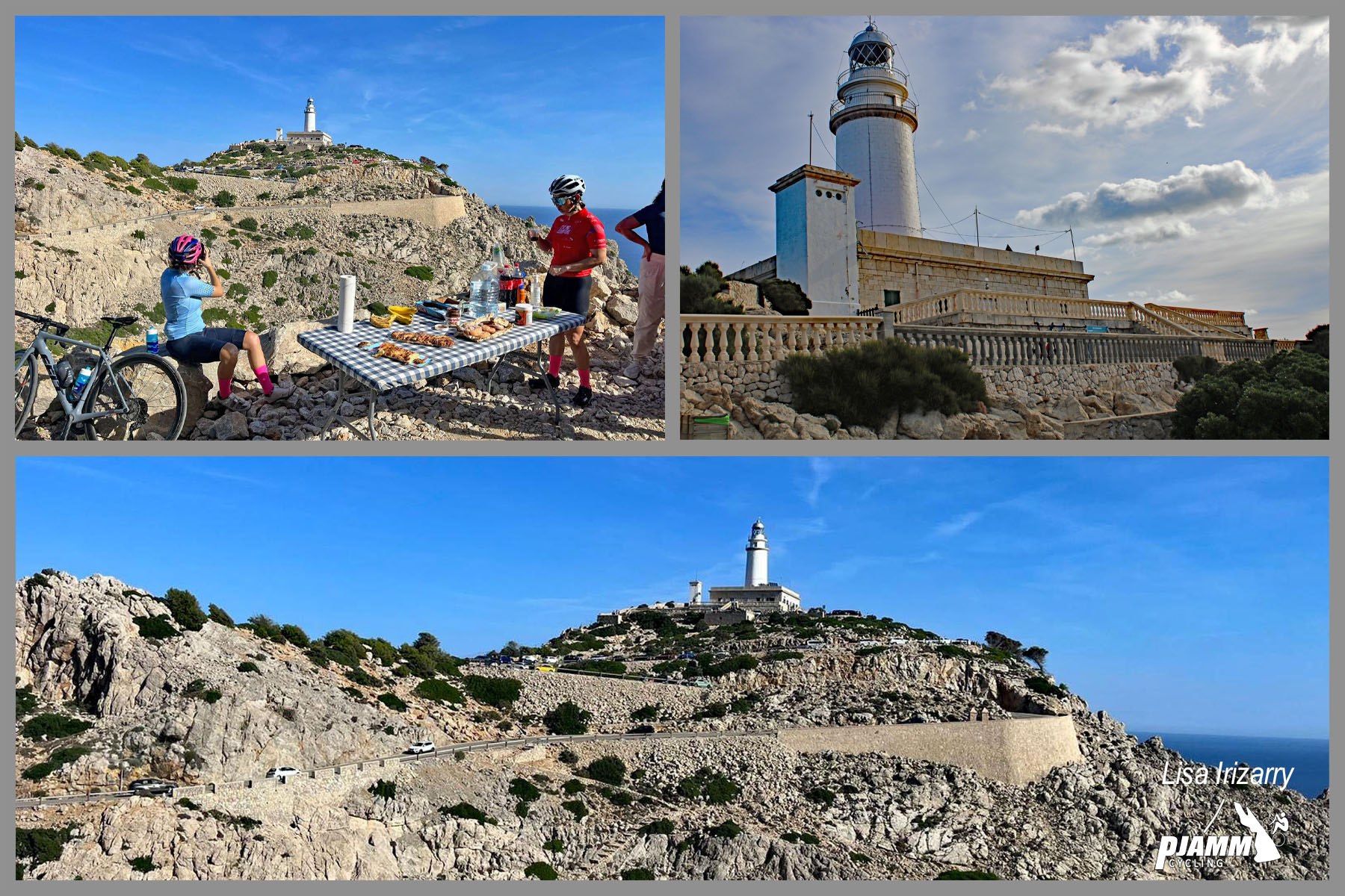 photo collage shows picnic set up on cliffside at climb finish, white lighthouse