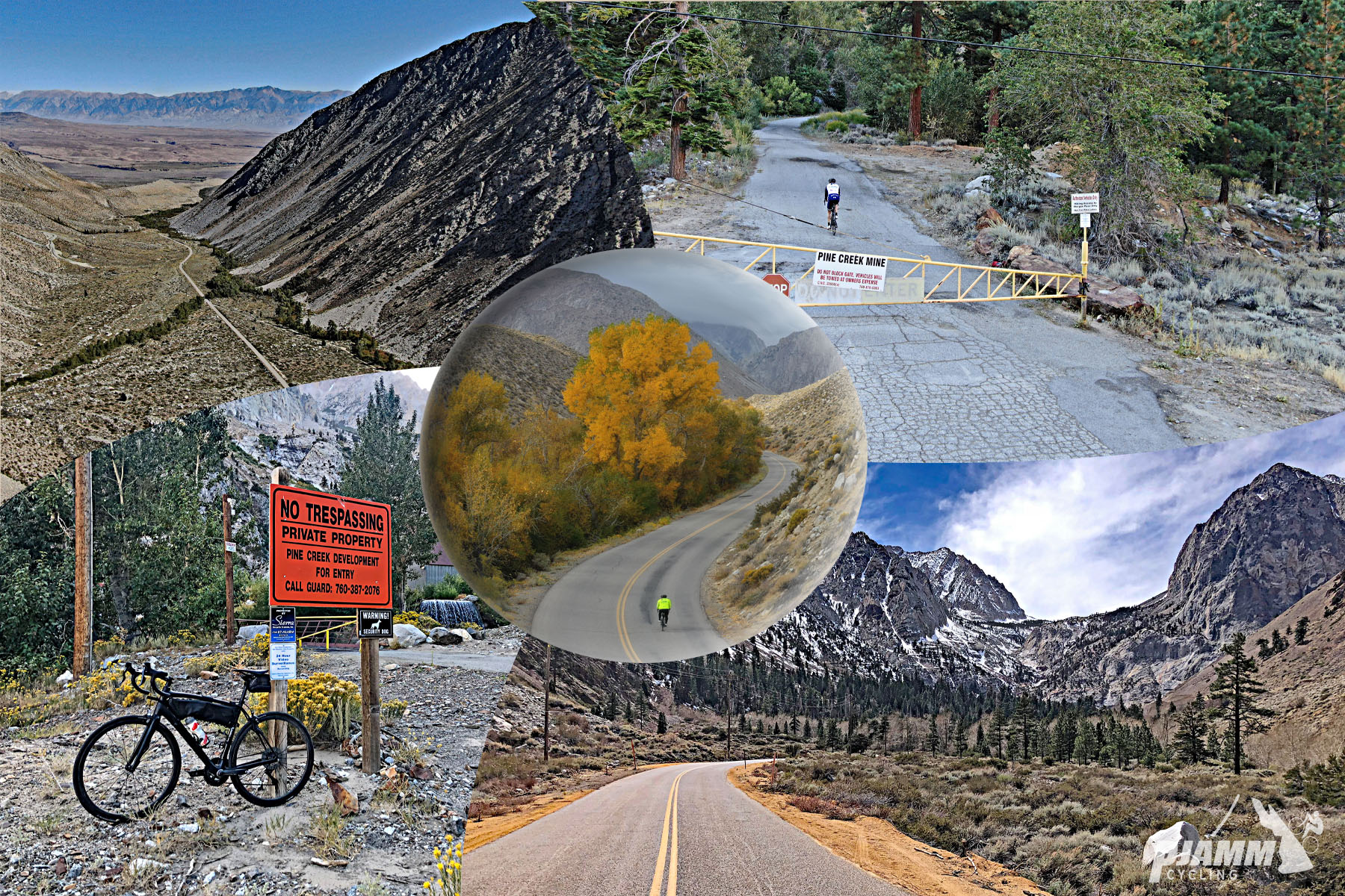 Cycling Pine Creek Road, California -  photo collage, PJAMM Cycling logo in corner, bike parked in front of No Trespassing sign, aerial drone view of roadway, aerial drone view of cyclist on two-lane roadway, two-lane highway roadway in desert setting going toward mountains, cyclist rides on roadway beyond closed gate
