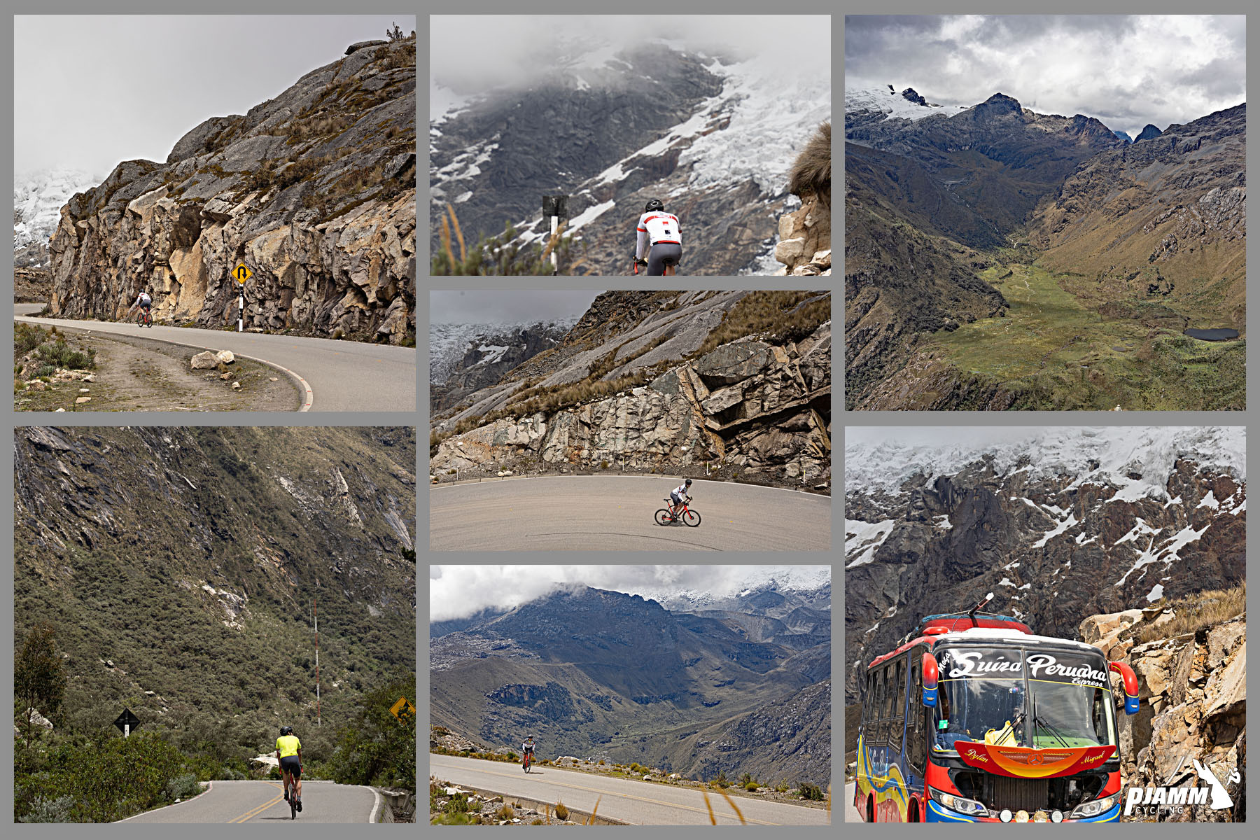 photo collage, PJAMM Cyclists climb up mountain roadways, brightly colored tour bus also climbs up roadway