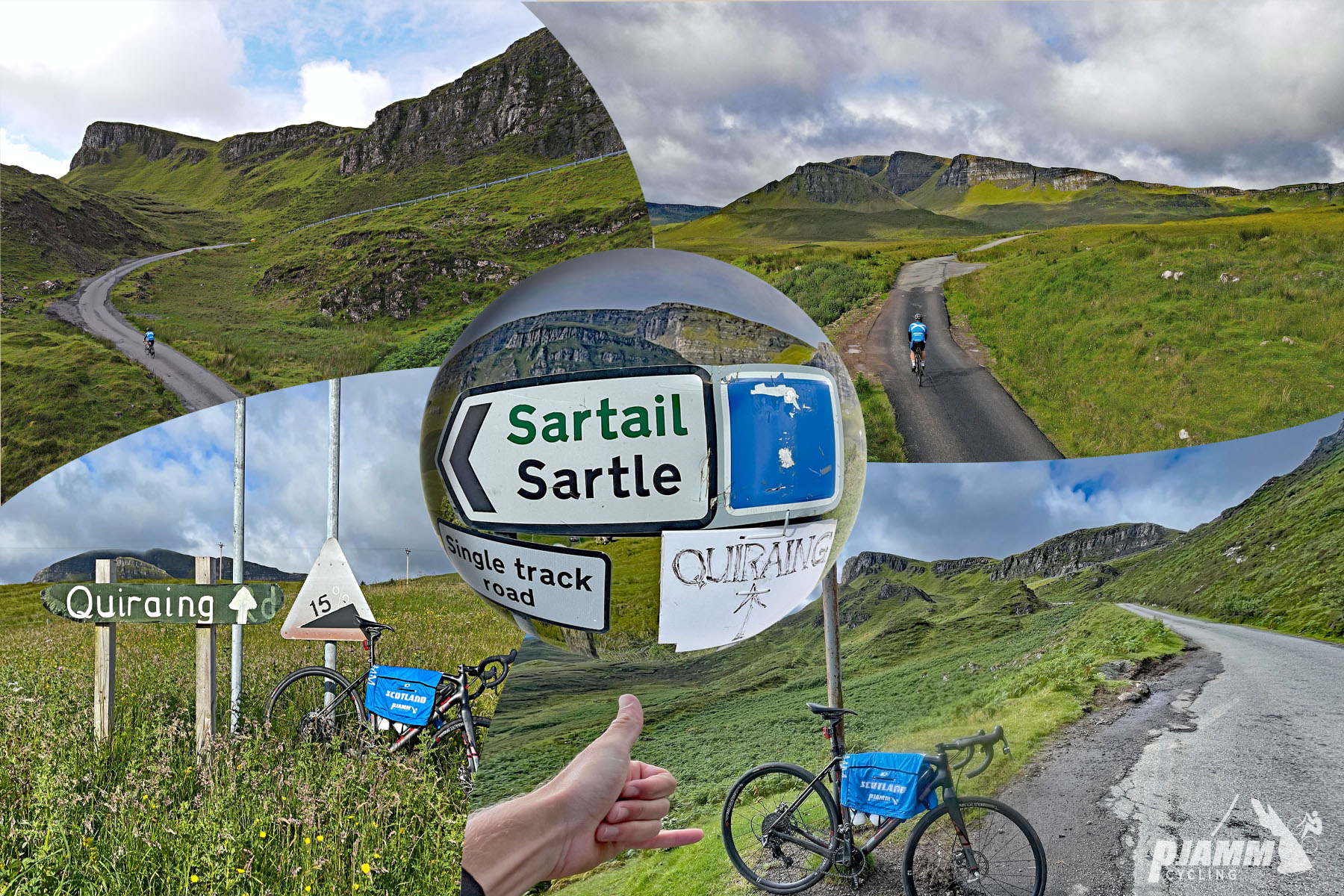 Cycling Quiraing, Isle of Skye photo collage shows street signs for Quiraing, 15% grade, Sartail