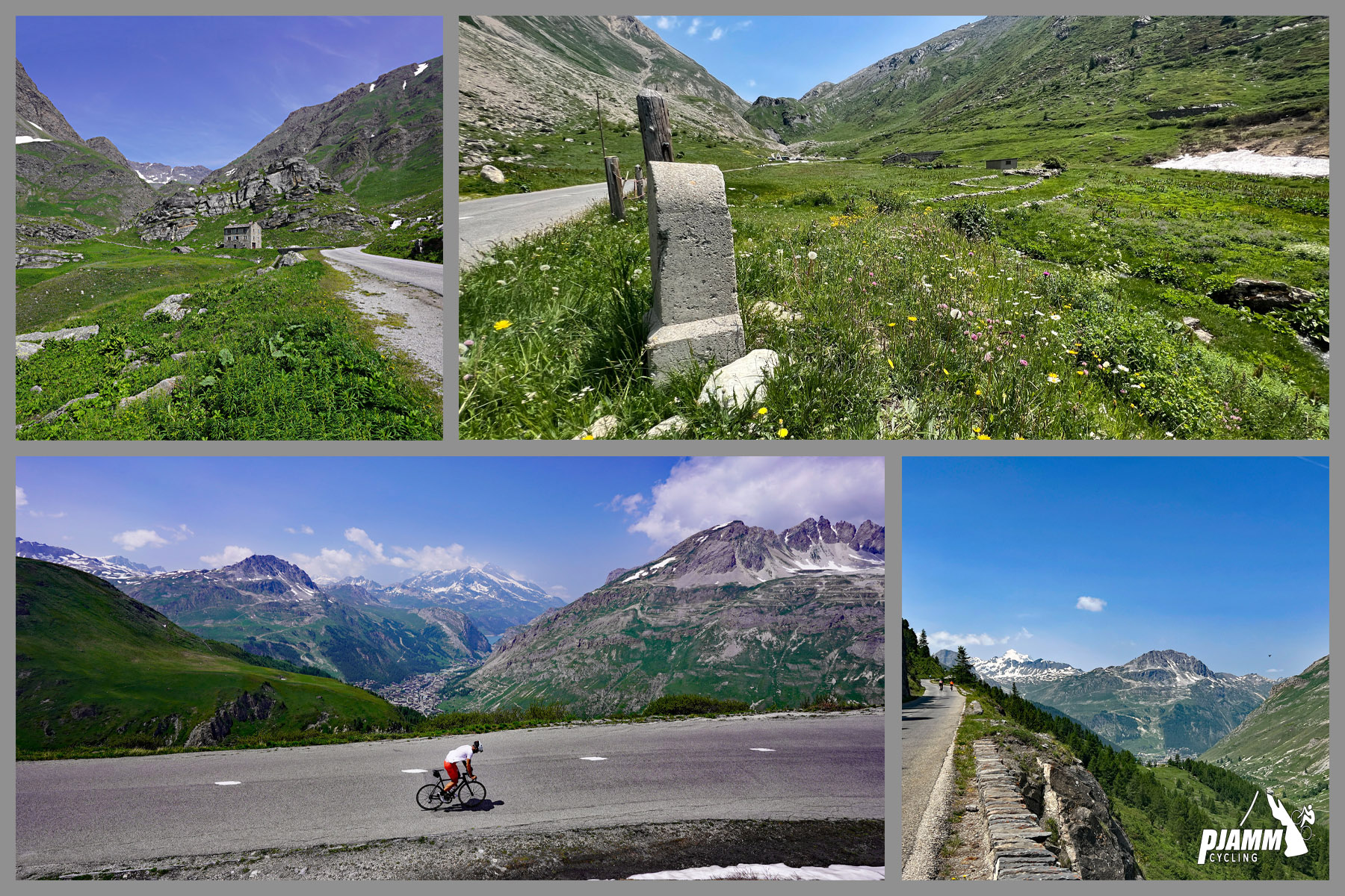 Cycling Col de L'Iseran: photo collage showing vies from hairpin #1, kilometer 5; PJAMM cyclist riding on two-lane mountain roadway, stone kilometer markers in green hillsides speckled with yellow wildflowers