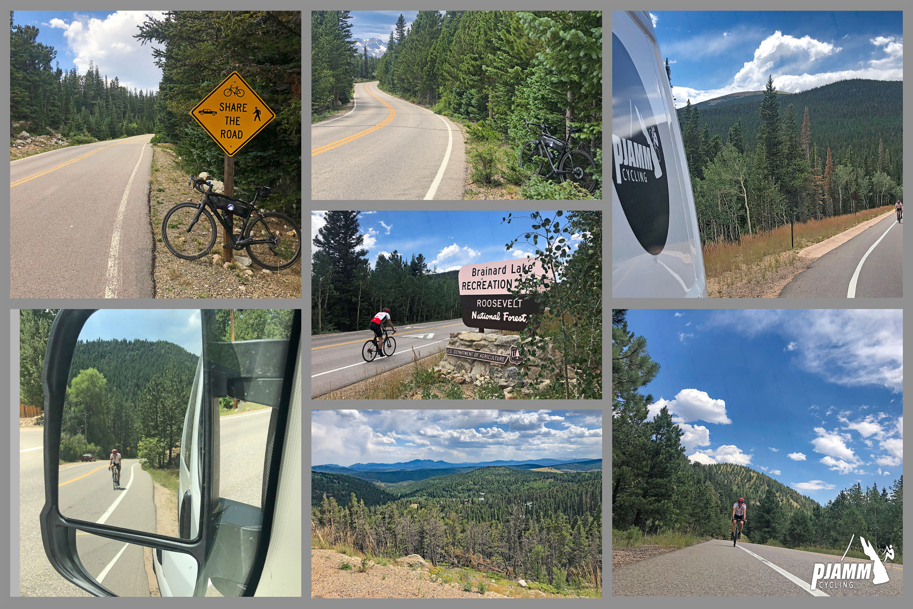 Cycling Left Hand Canyon, Boulder, Colorado - photo collage, PJAMM Cycling logo in corner, bike parked against share the road sign on roadside, PJAMM cycling white SAG van, cyclist riding in rearview mirror of SAG vehicle, cyclist riding on roadway next to sign for Brainard Lake Recreation Area in Roosevelt National Forest