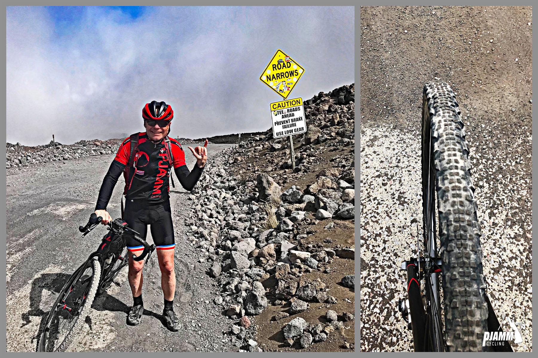PJAMM Cyclist John Johnson stands with bike at the end of the gravel portion of the climb, in front of sign reading "Road Narrows"