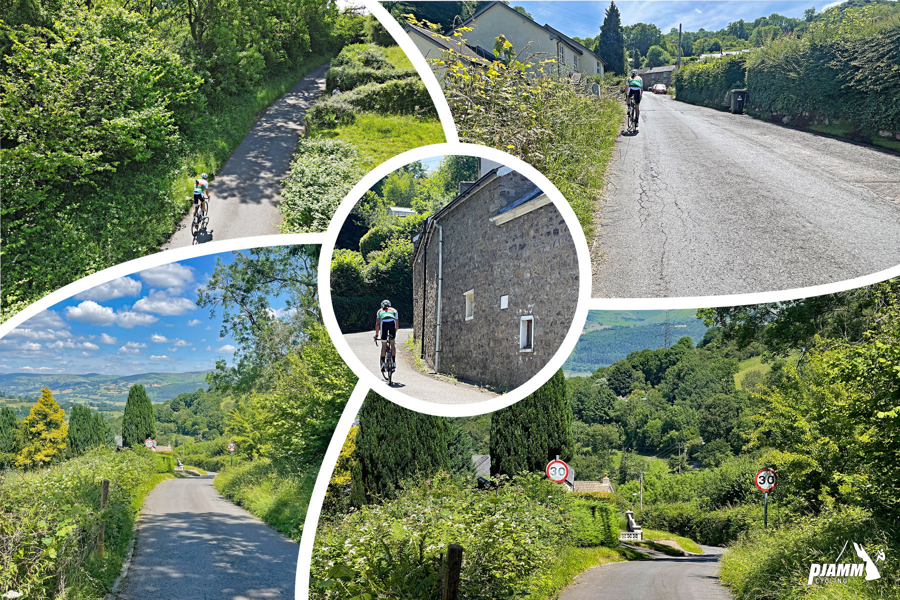 photo collage shows PJAMM Cyclist riding along Rhiwr Road bike climb, steep roadway, forestation and foliage, old stone buildings