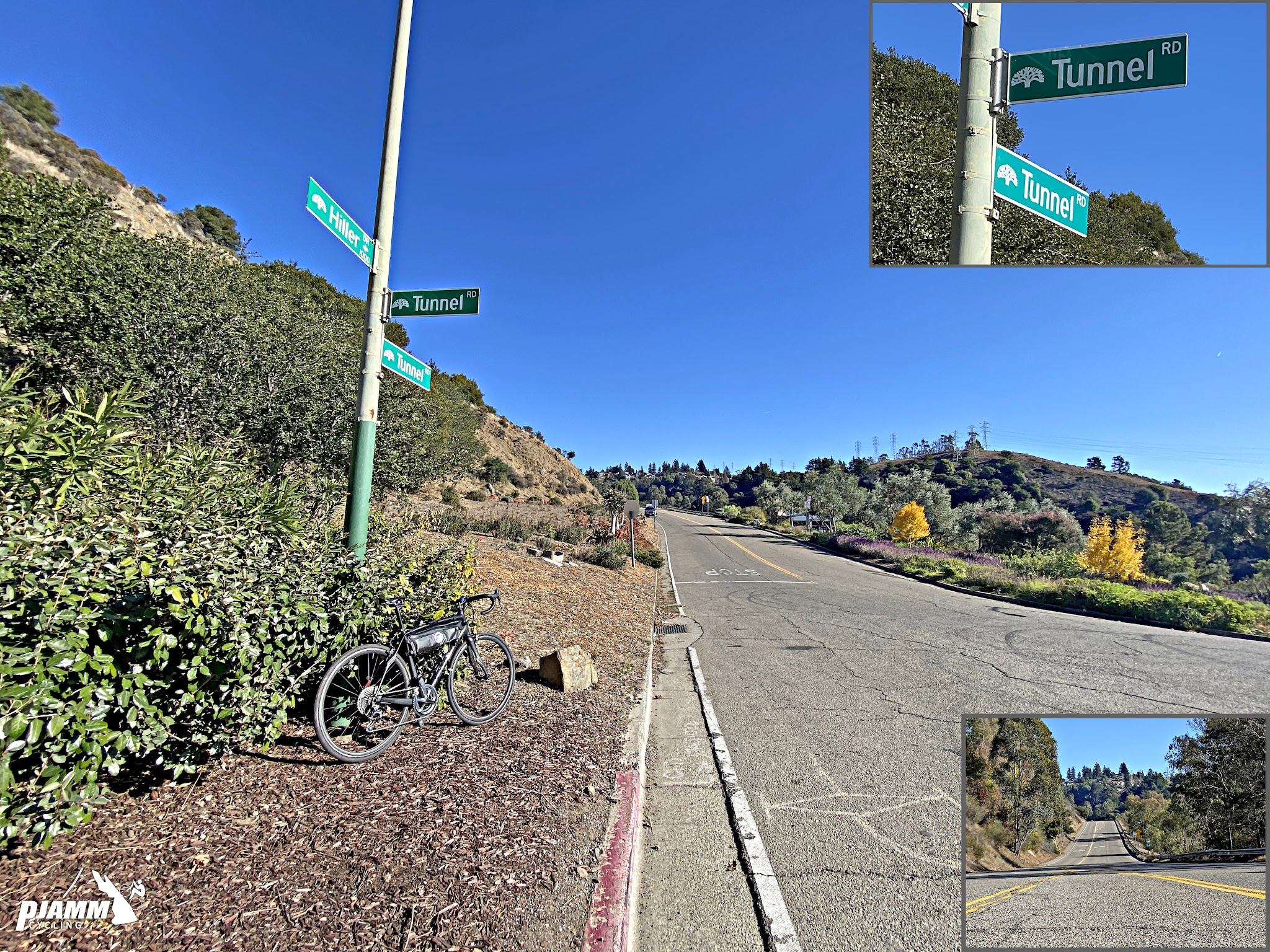 Cycling Tunnel to Grizzly Peak, California - climb start, bike parked against road sign at intersection on Tunnel Road
