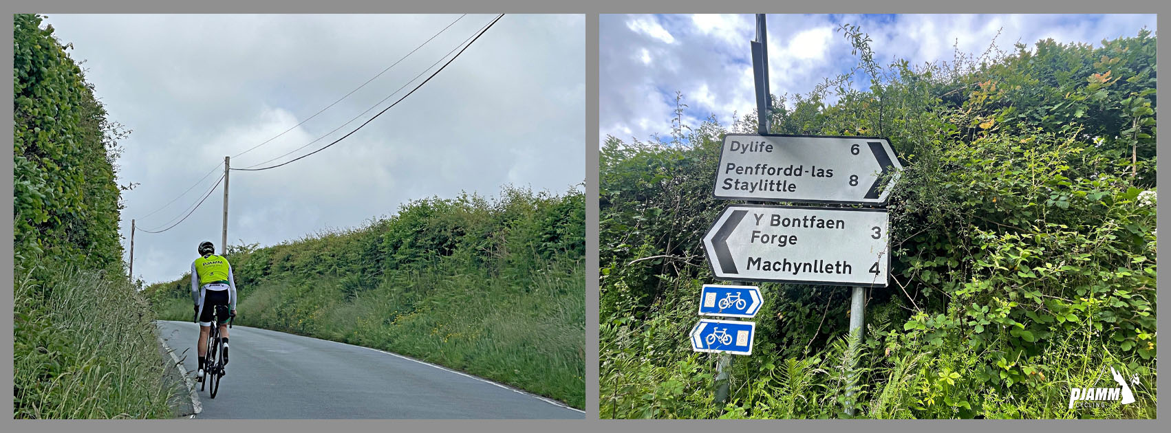 street signs read: Dylife, Penffordd-las Staylittle, Y Bontfaen Forge, Machynlleth