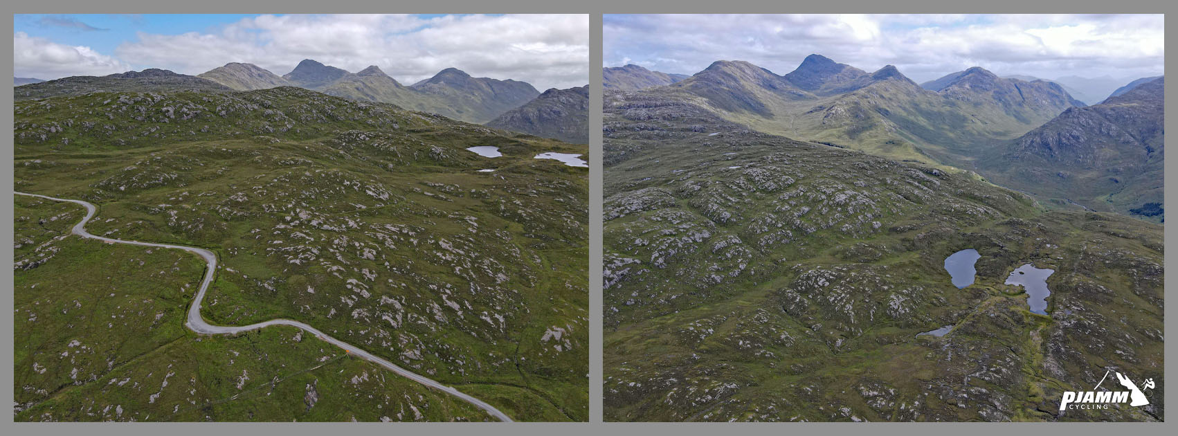 aerial drone view of roadway snaking up rugged hills, two small lakes in upper left corner