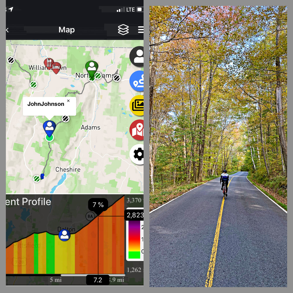 Cycling Mt. Greylock South, Massachusetts - Photo left: PJAMM App; Photo right:  Rockwell Road mile 4.8; 