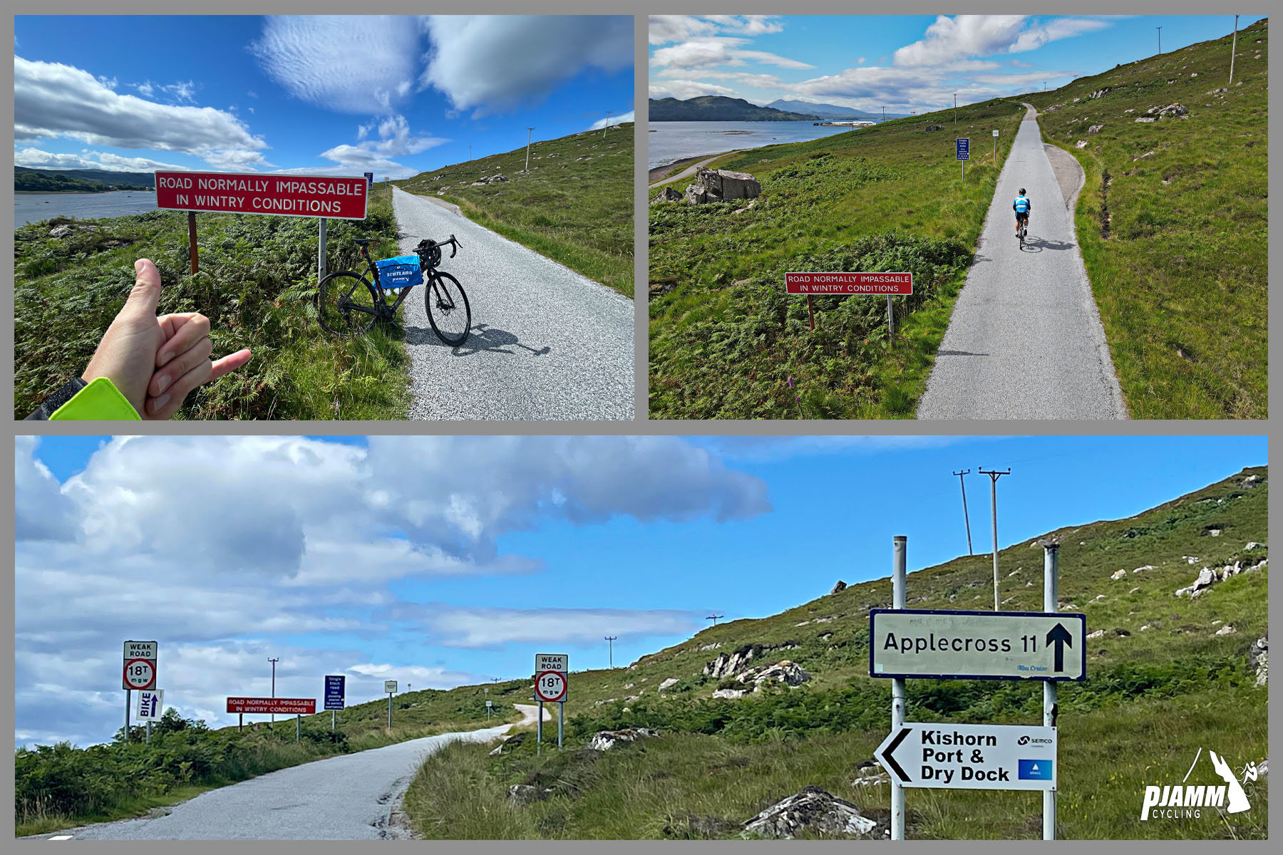 photo collage shows beginning of climb on Applecross Pass road