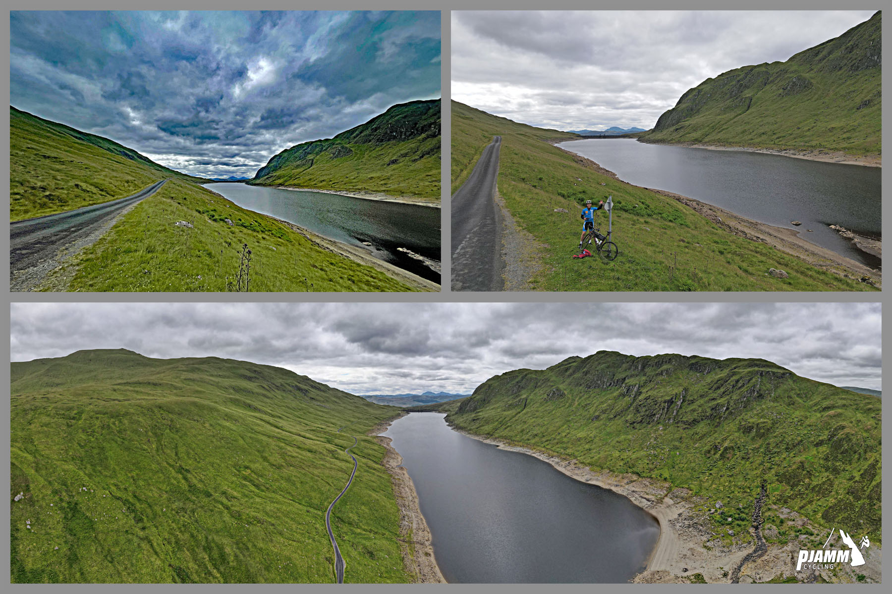 aerial drone view of PJAMM Cyclist standing with bike on roadside in green grass next to small lake