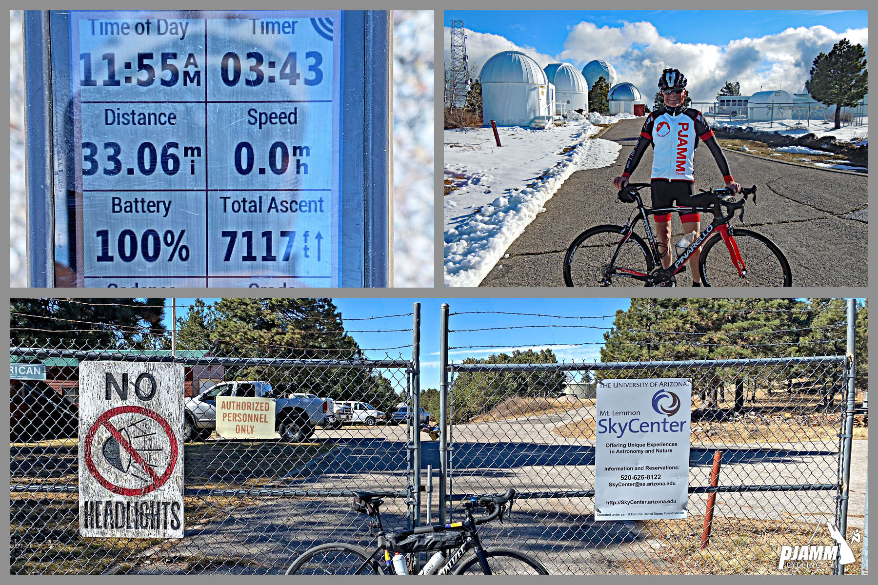 Cycling Mt. Lemmon, Arizona - photo collage, garmin device, PJAMM Cyclist standing at Mt. Lemmon Sky center Observatory with snow on the ground, PJAMM Cycling logo in corner