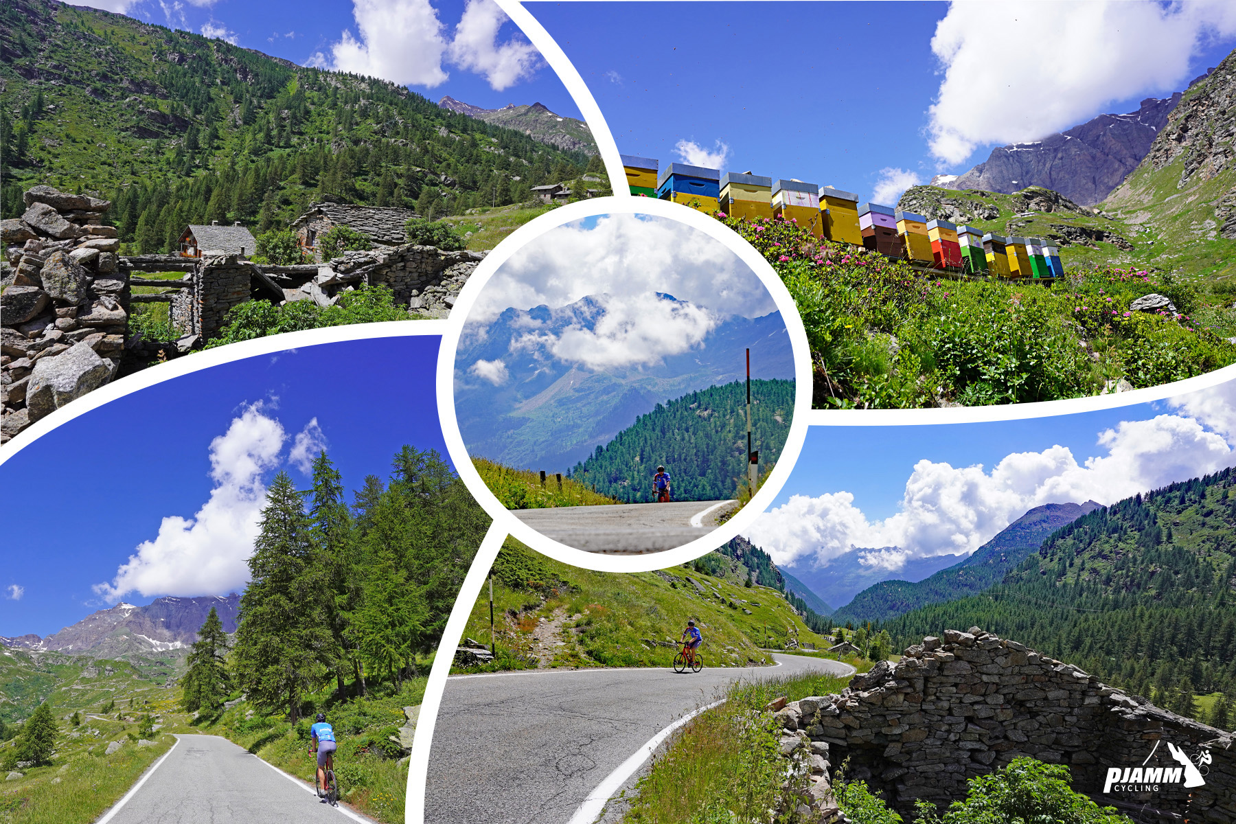 Cycling Colle de Nivolet, Italy - photo collage shows beautiful alpine setting in middle section of climb, including old rock buildings and brightly colored bee boxes