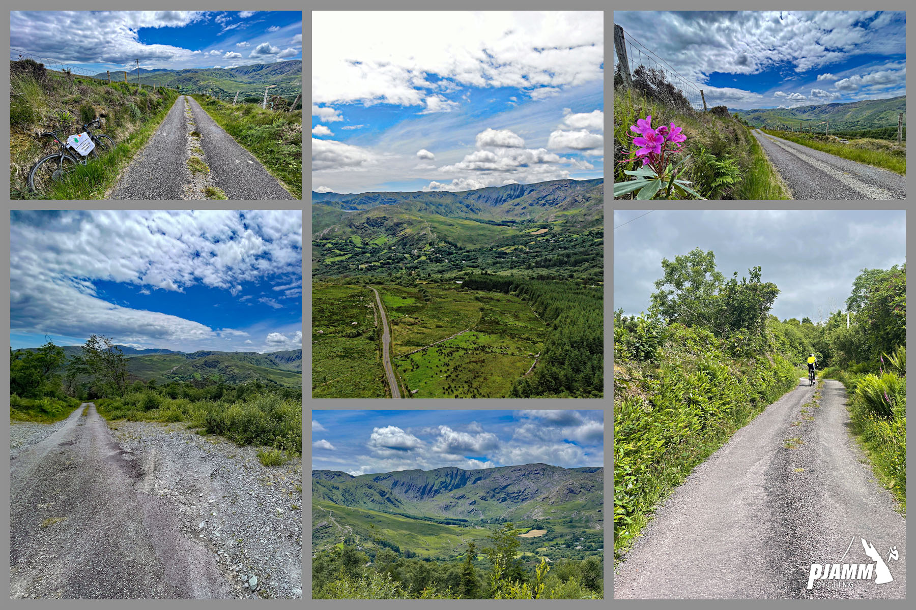 photo collage shows stunning views on second half of climb; roadway opens up to views of irish hillsides