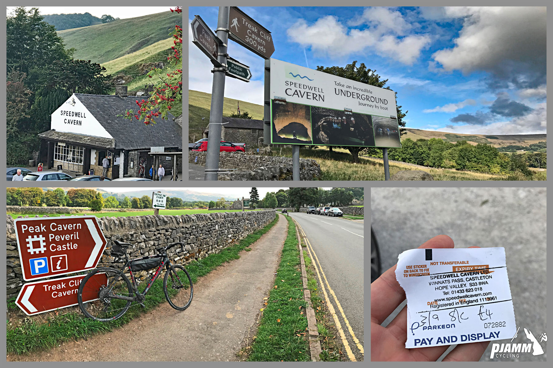 Cycling Winnats Pass - photo collage, white building with sign for "Speedwell Cavern" at base of hillside, signs for Speedwell Cavern, bike parked against sign posted on stone fence saying "Peak Cavern Peveril Castle", ticket for Speedwell Cavern