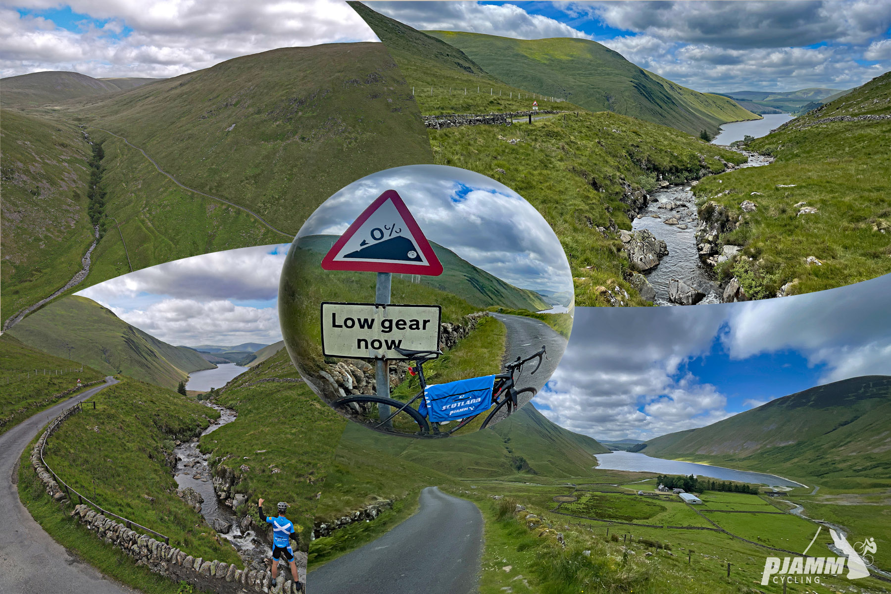 photo collage shows road sign warning of 20% gradient, peaceful green hillsides and country road