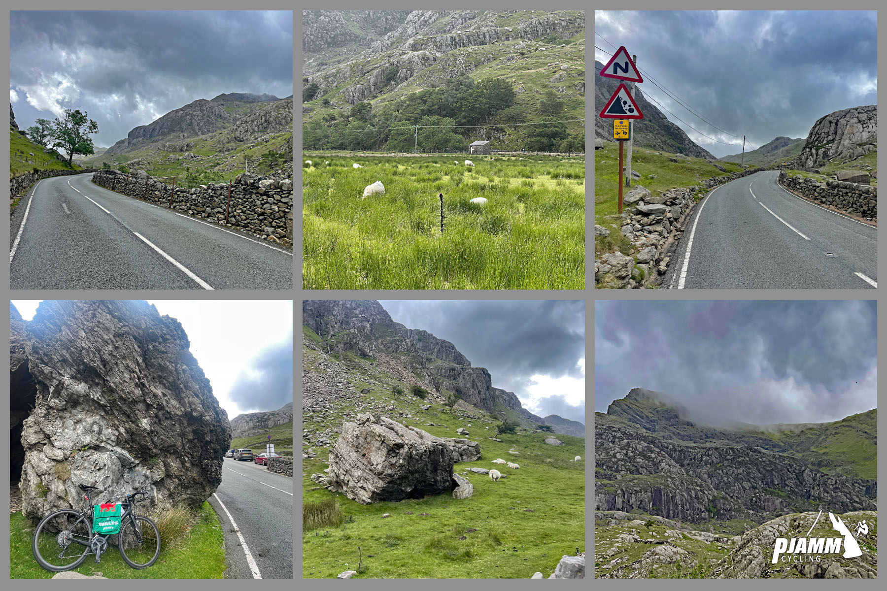 photo collage shows huge boulders throughout the climb