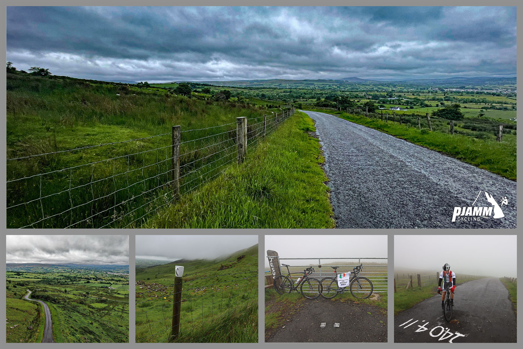 PJAMM Cyclists ride through rolling green pastureland on an overcast Irish day
