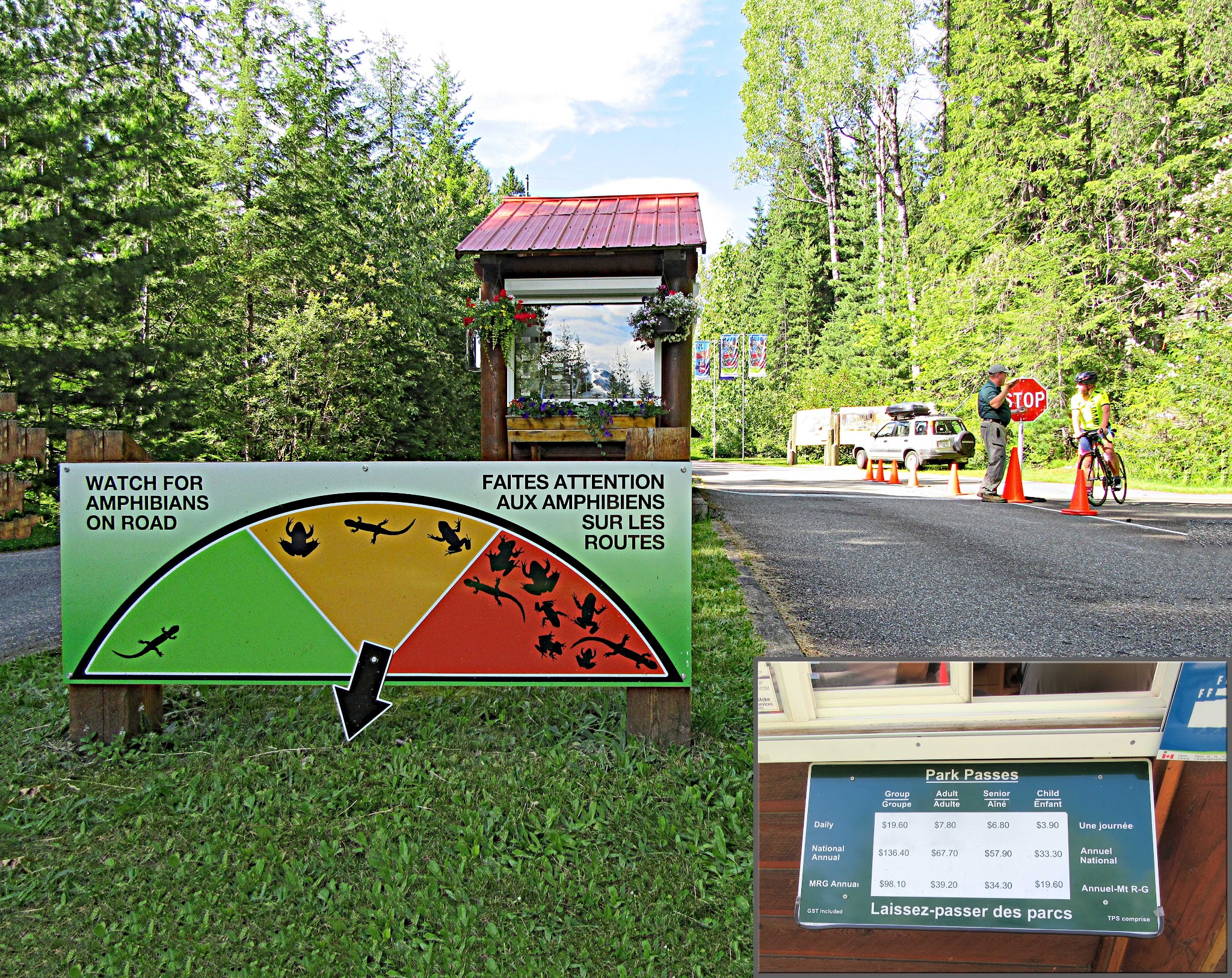 Cycling Mt. Revelstoke, BC, Canada - toll station to enter park, sign warning to watch for amphibians along the road