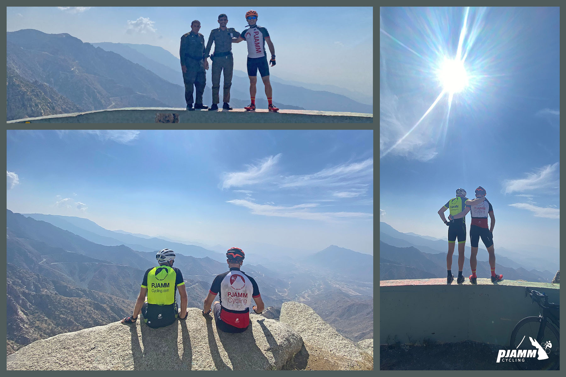 Cycling Sinan Road (Al Meger), Saudi Arabia - photo collage shows PJAMM Cyclists enjoying the views at the top of the climb, posing for photos on retaining wall with police officer, and sitting on rock overlooking the mountains beyond