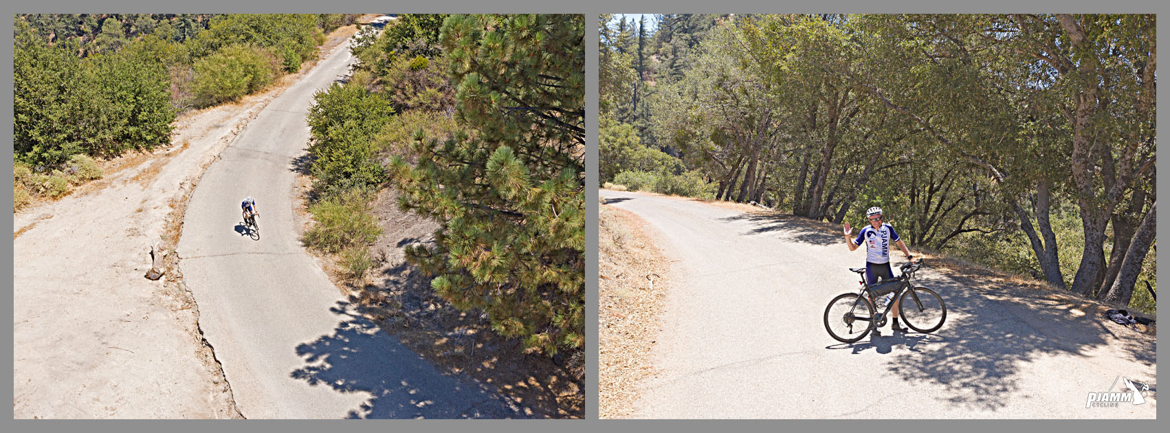 aerial drone view of PJAMM Cycling's John Johnson riding at climb summit