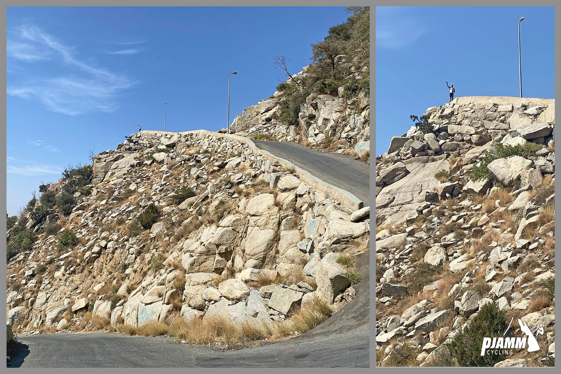 Cycling Sinan Road (Al Meger), Saudi Arabia - white rocks line hillside along extremely sharp hairpin turn