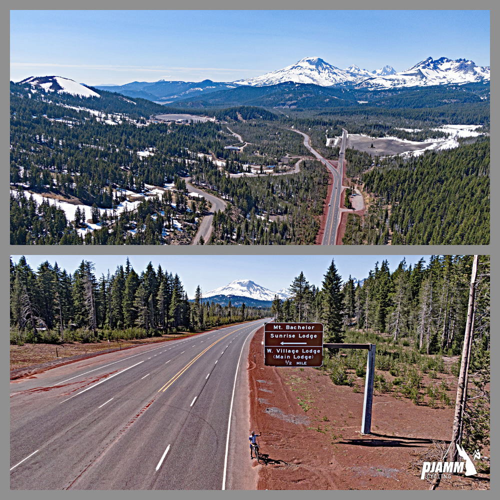 aerial drone photos show alpine setting roadway along the route to Mt. Bachelor