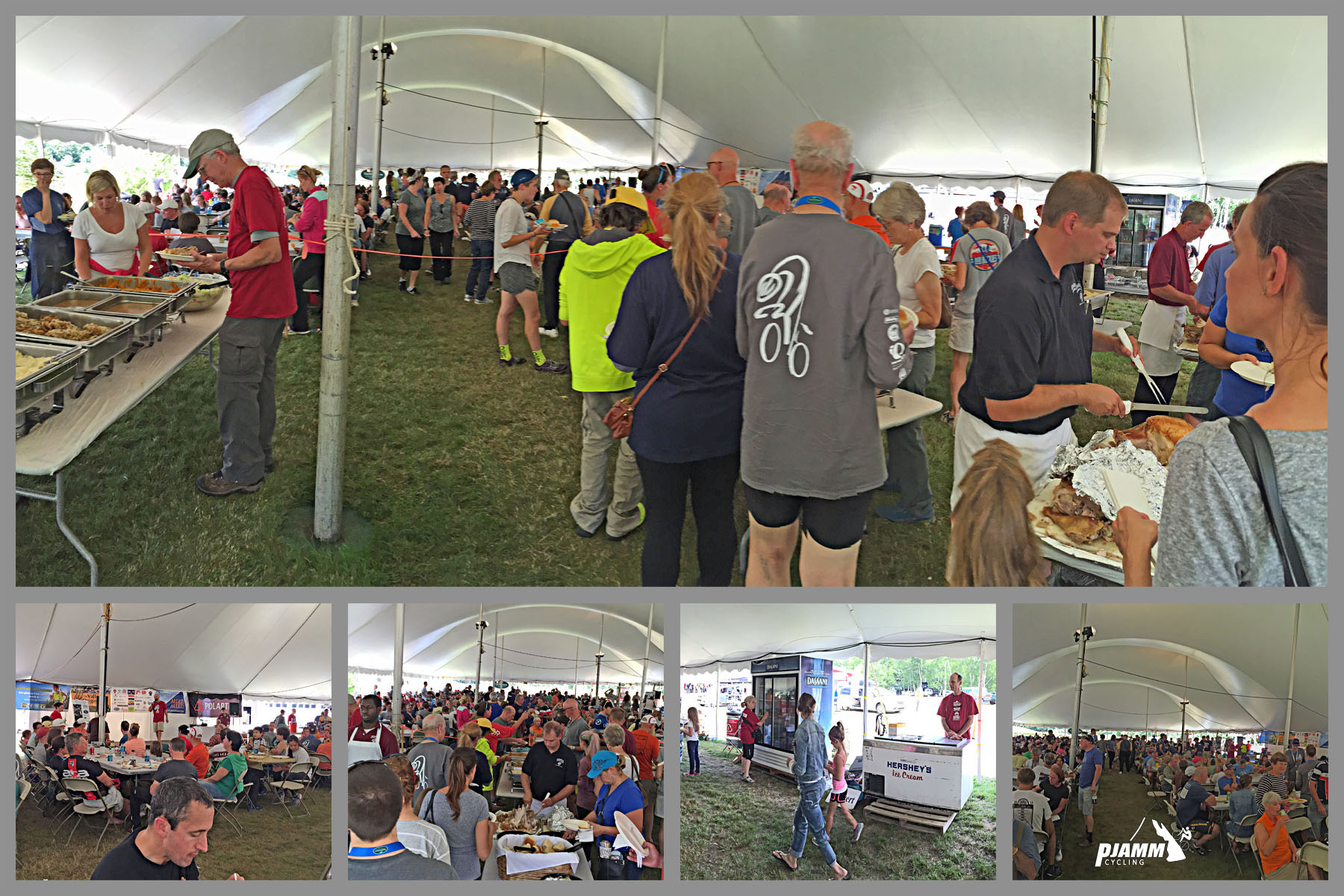 Mt. Washington Bike Climb - riders line up to eat at buffet style lunch, eating at picnic tables