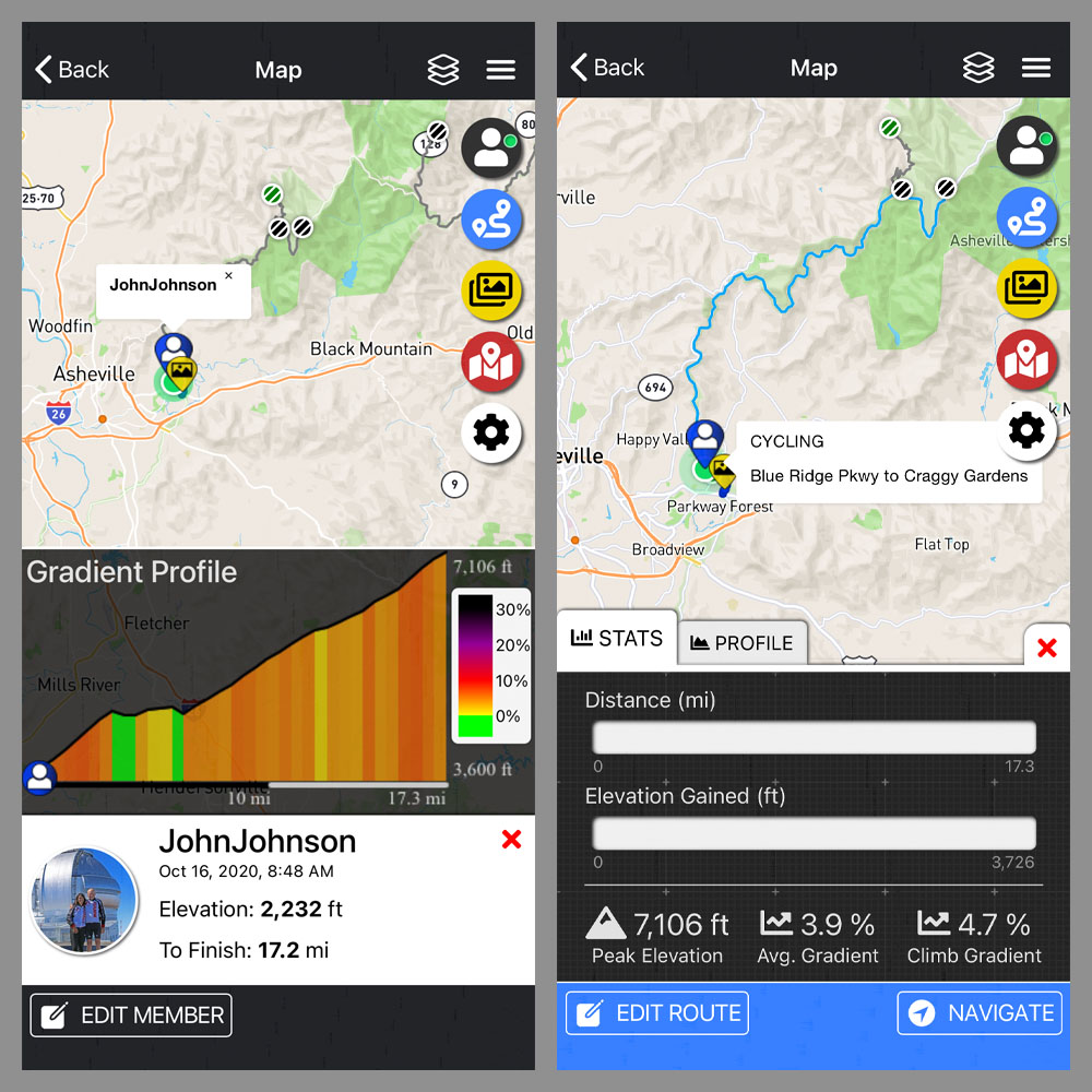 Cycling Blue Ridge Parkway to Craggy Gardens - PJAMM Adventure App shows climb grade and profile