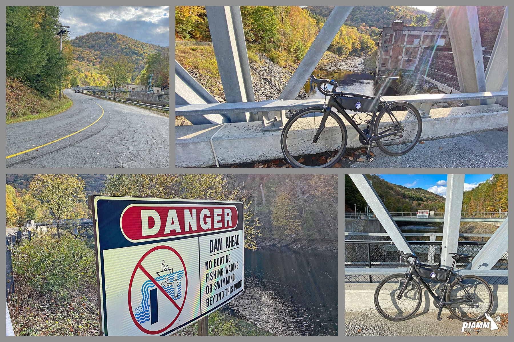 Cycling Monroe Hill Road, Massachusetts Cycling Monroe Hill Road, Massachusetts - Sherman Reservoir Dam, two-lane road leading up to dam, sign at dam, bike parked on dam bridge, PJAMM Cycling logo in corner
