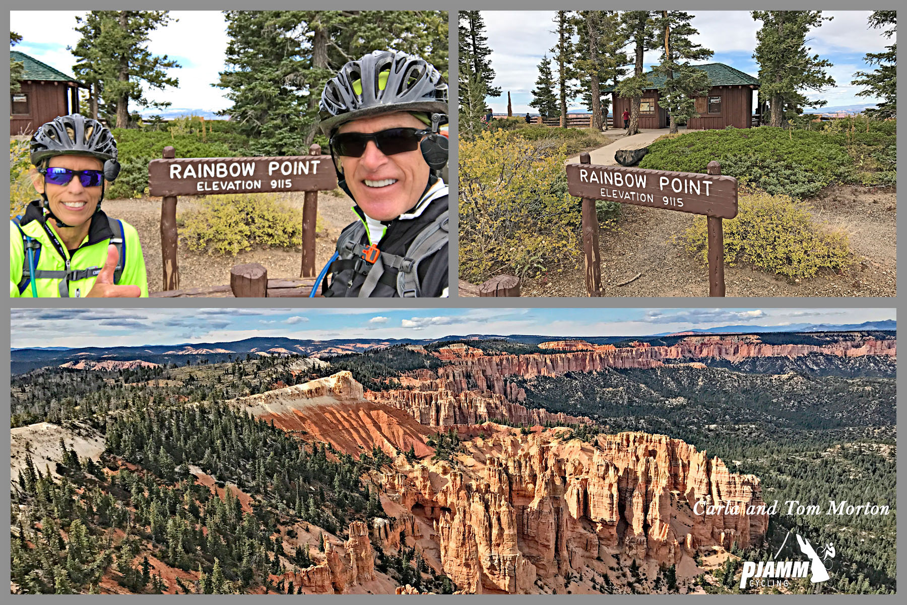 Cycling Bryce Canyon National Park, Utah - Cyclists pose in front of sign for Rainbow Point, aerial drone view of red rock formations