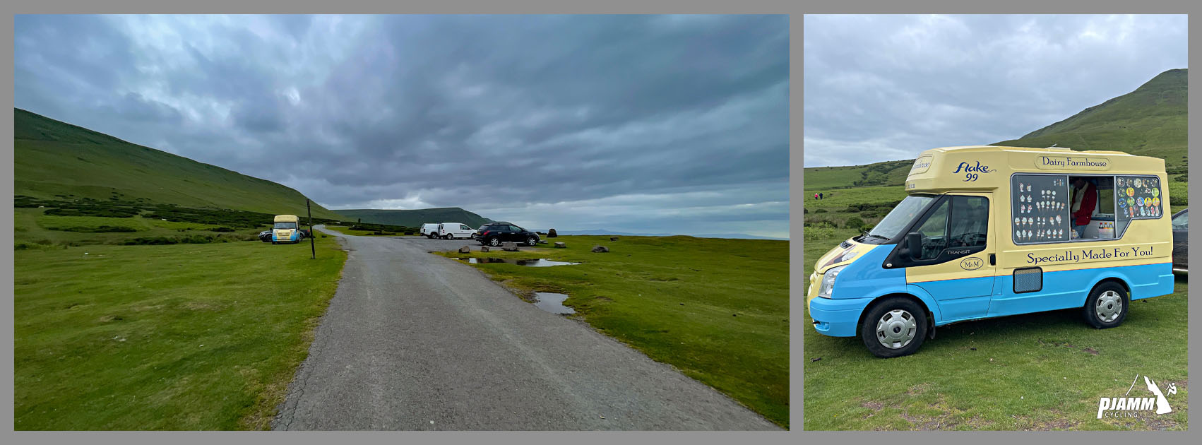 Cycling Gospel Pass North, Wales small parking lot in green pasture, with an ice cream truck