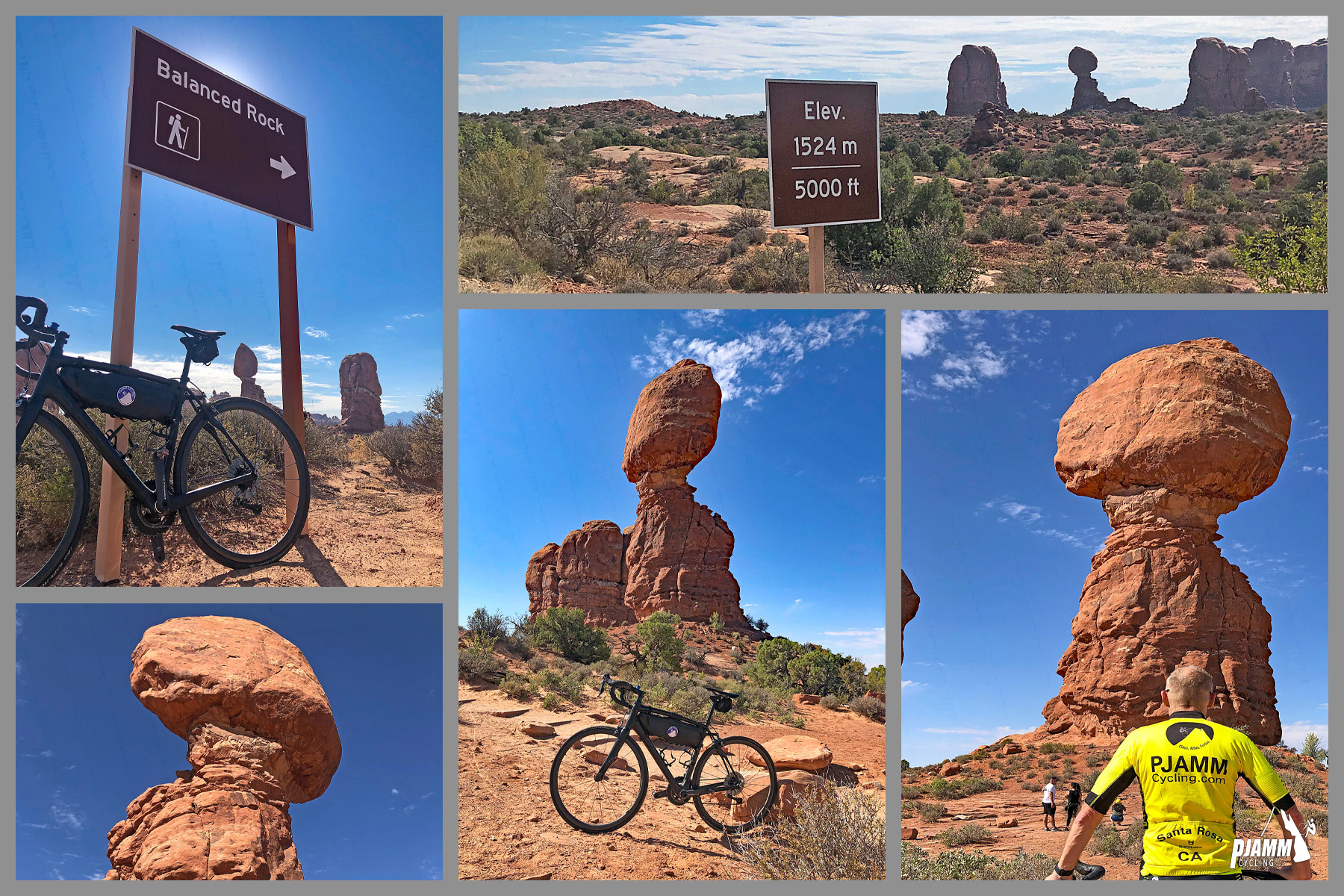 Cycling Arches National Park, Utah - photo collage, PJAMM Cycling logo in corner, bike parked against roadsigns and along road side overlooking Balanced Rock formation