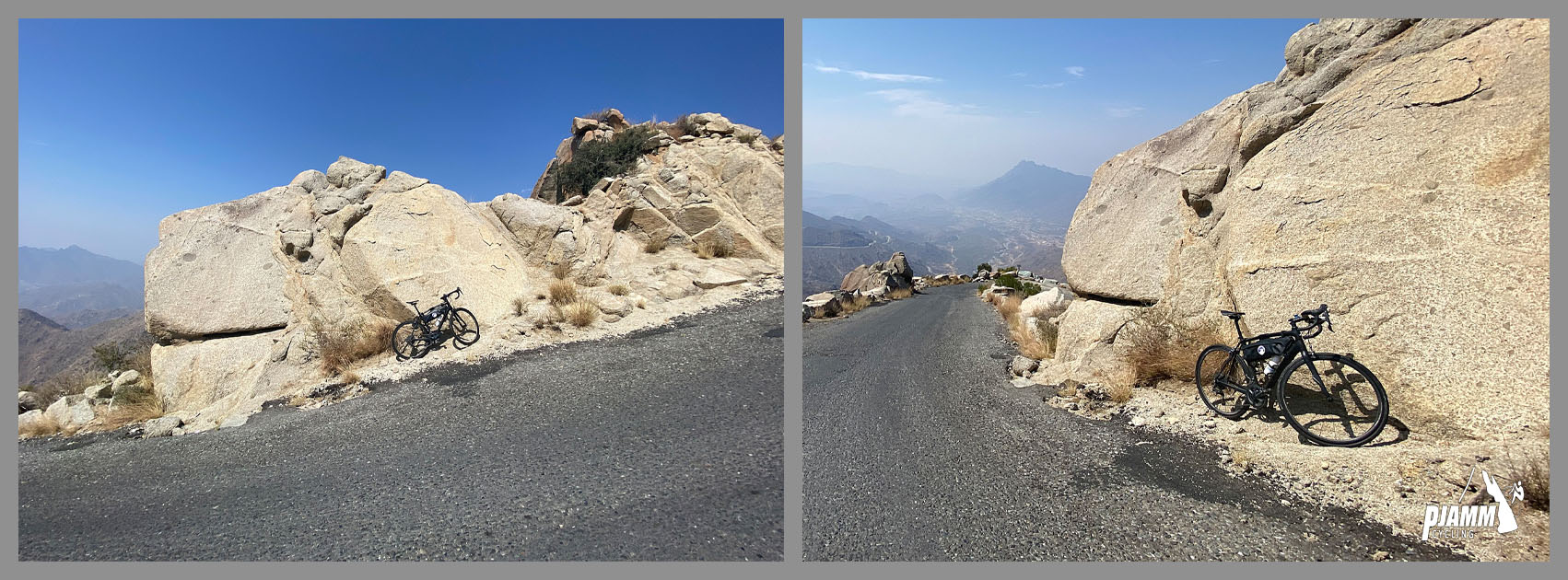 Cycling Sinan Road (Al Meger), Saudi Arabia - bike parked against large white rock on side of roadway, bright blue sky, 20% grade