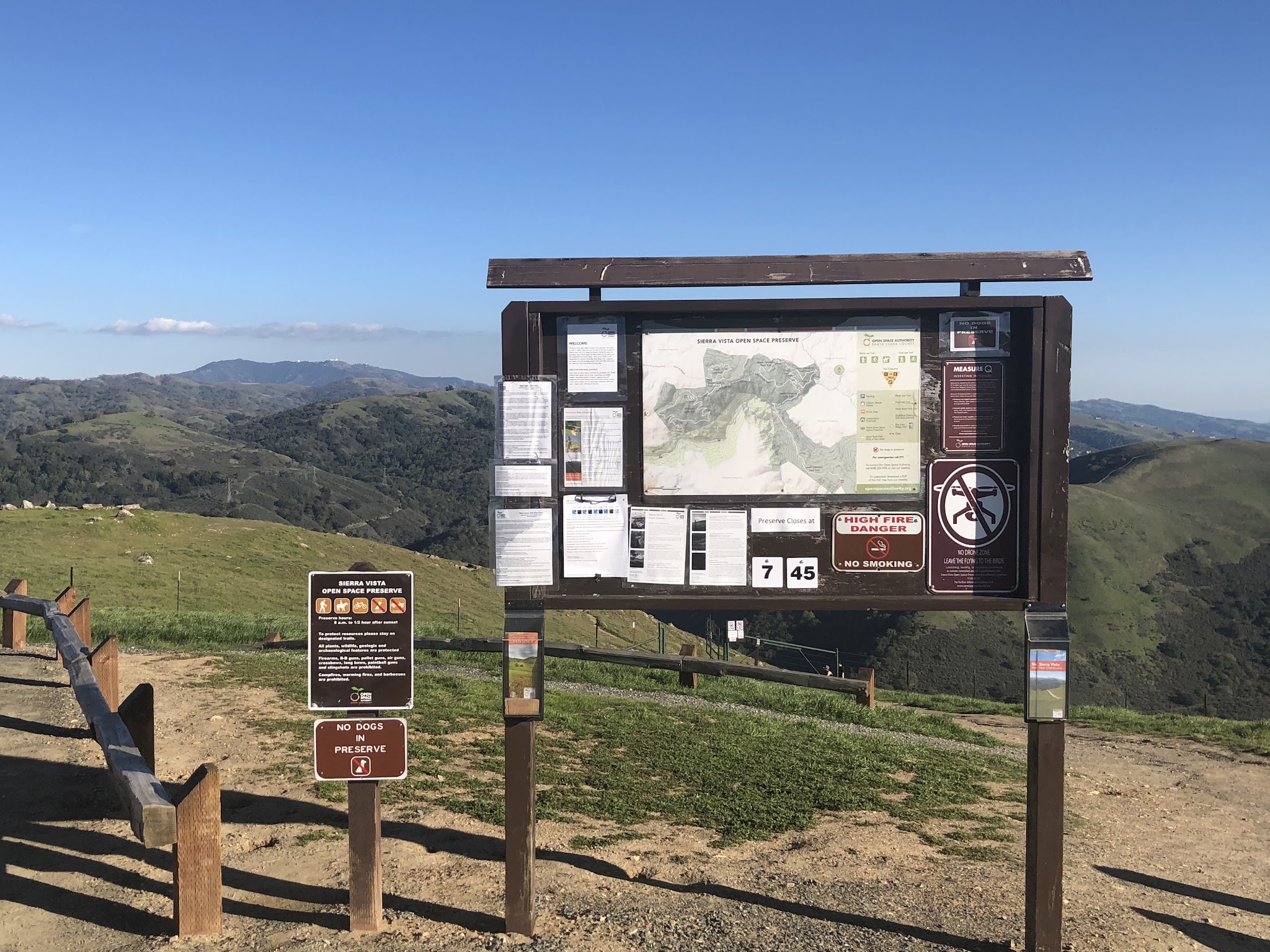 Bicycle ride Sierra Road - Sierra Vista Open Space Reserve sign - Mt Hamilton and Lick observatory in background