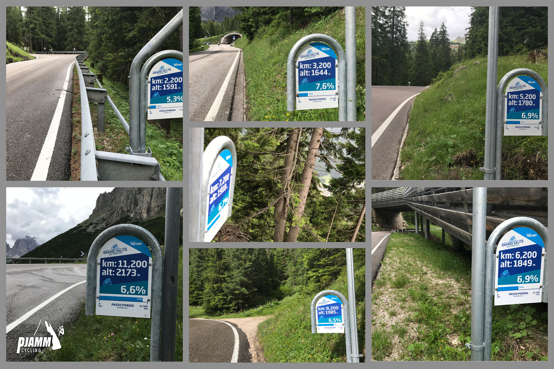 Cycling Passo Pordoi from Canazei - road signs marking the turns along the climb