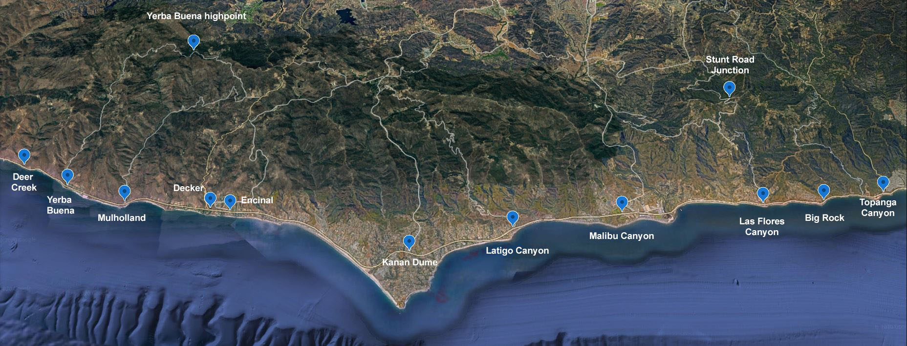 Cycling Malibu Canyon Road to the top of Piuma Road - Google Maps aerial view of Pacific Coast Highway, Santa Monica Mountains