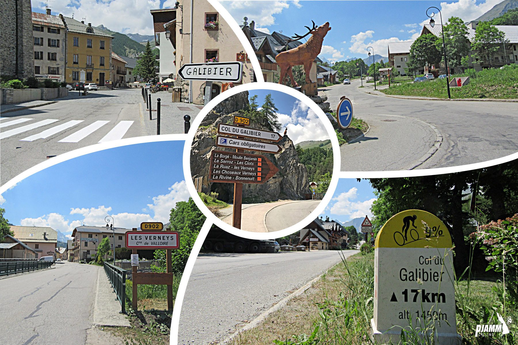Cycling Col du Galibier & Telegraphe: photo collage, signs for Galibier, KM marker, large statue of elk