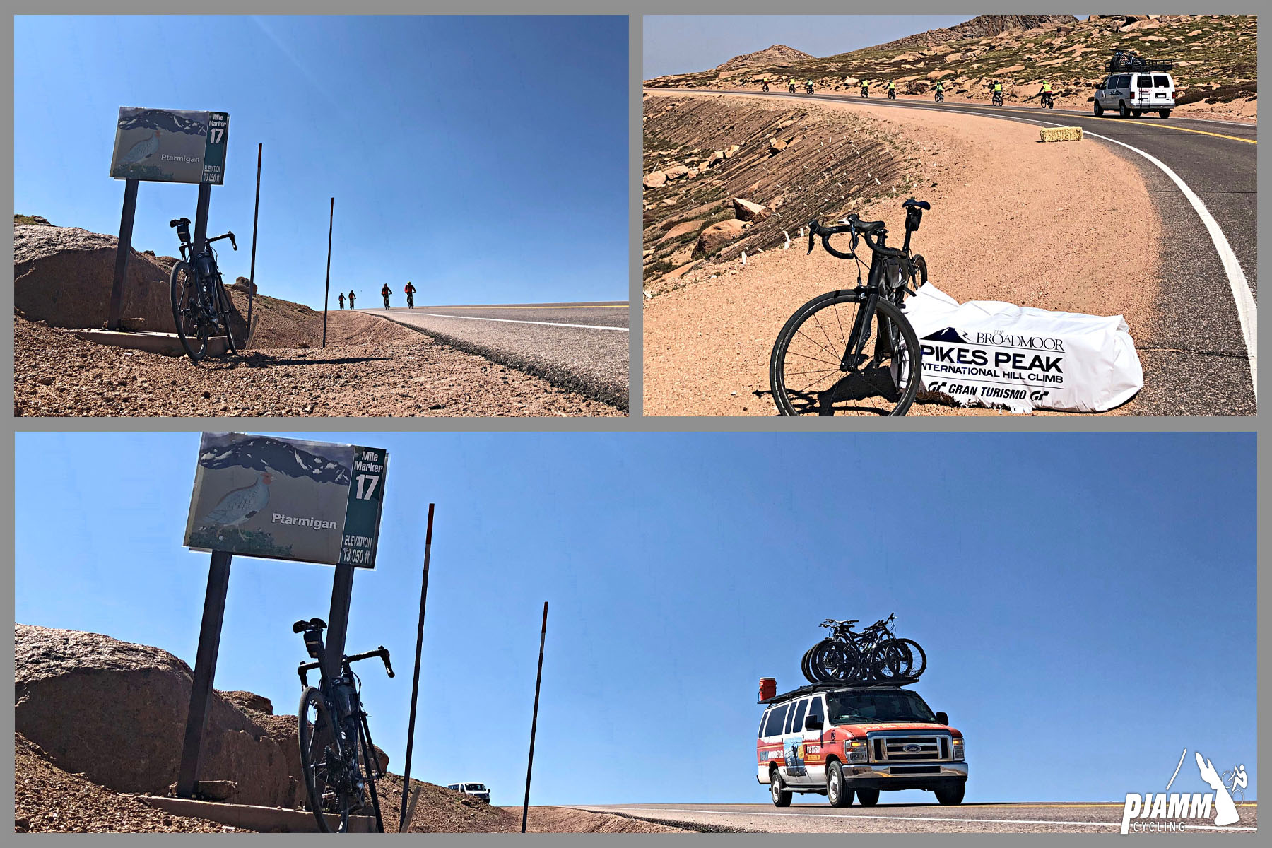 Cycling Pikes Peak - PJAMM Cycling logo in corner, large passenger van carrying multiple bikes on top of it, mile marker 17 