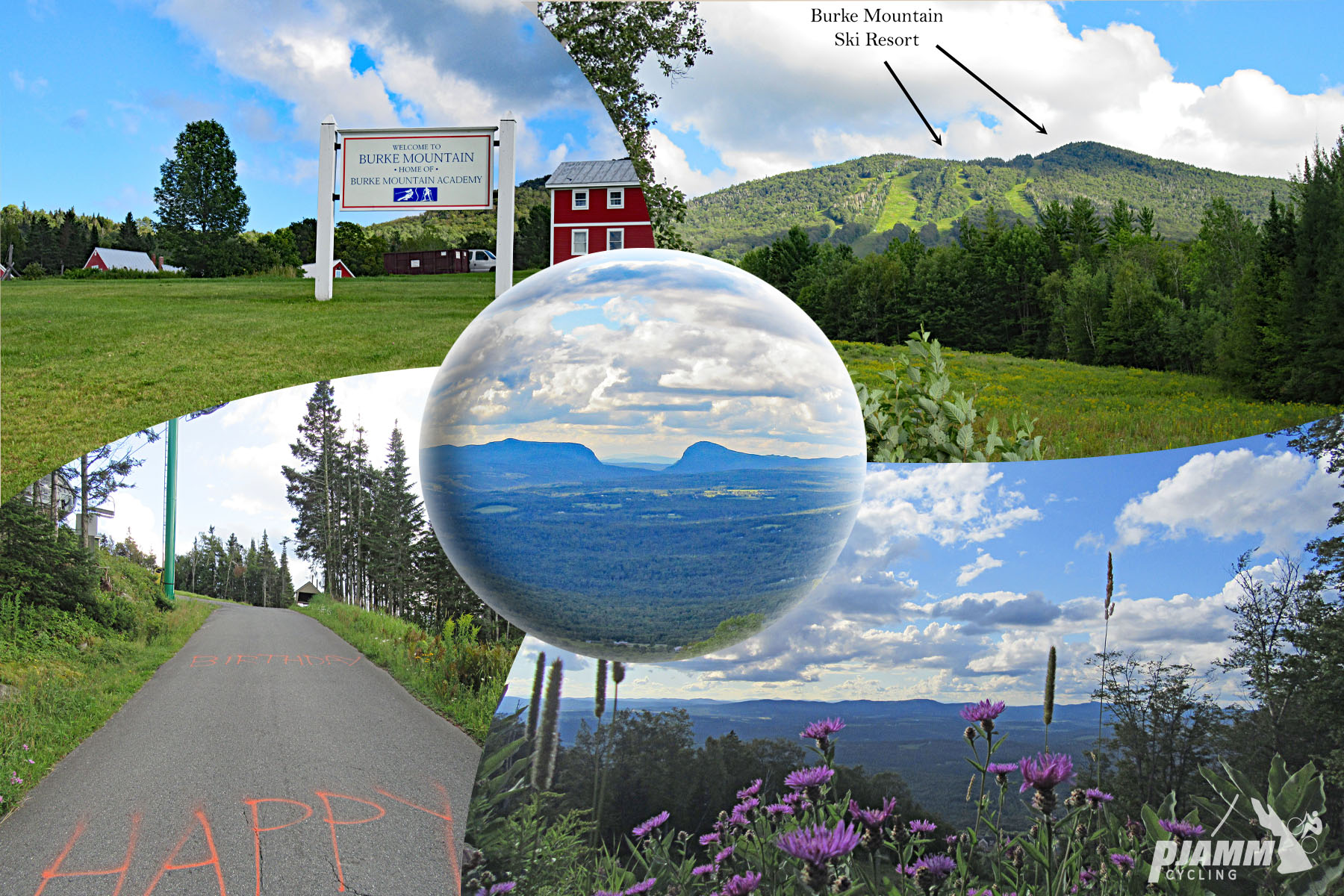 photo collage shows Burke Mountain Ski Resort, wildflowers, distant mountain views