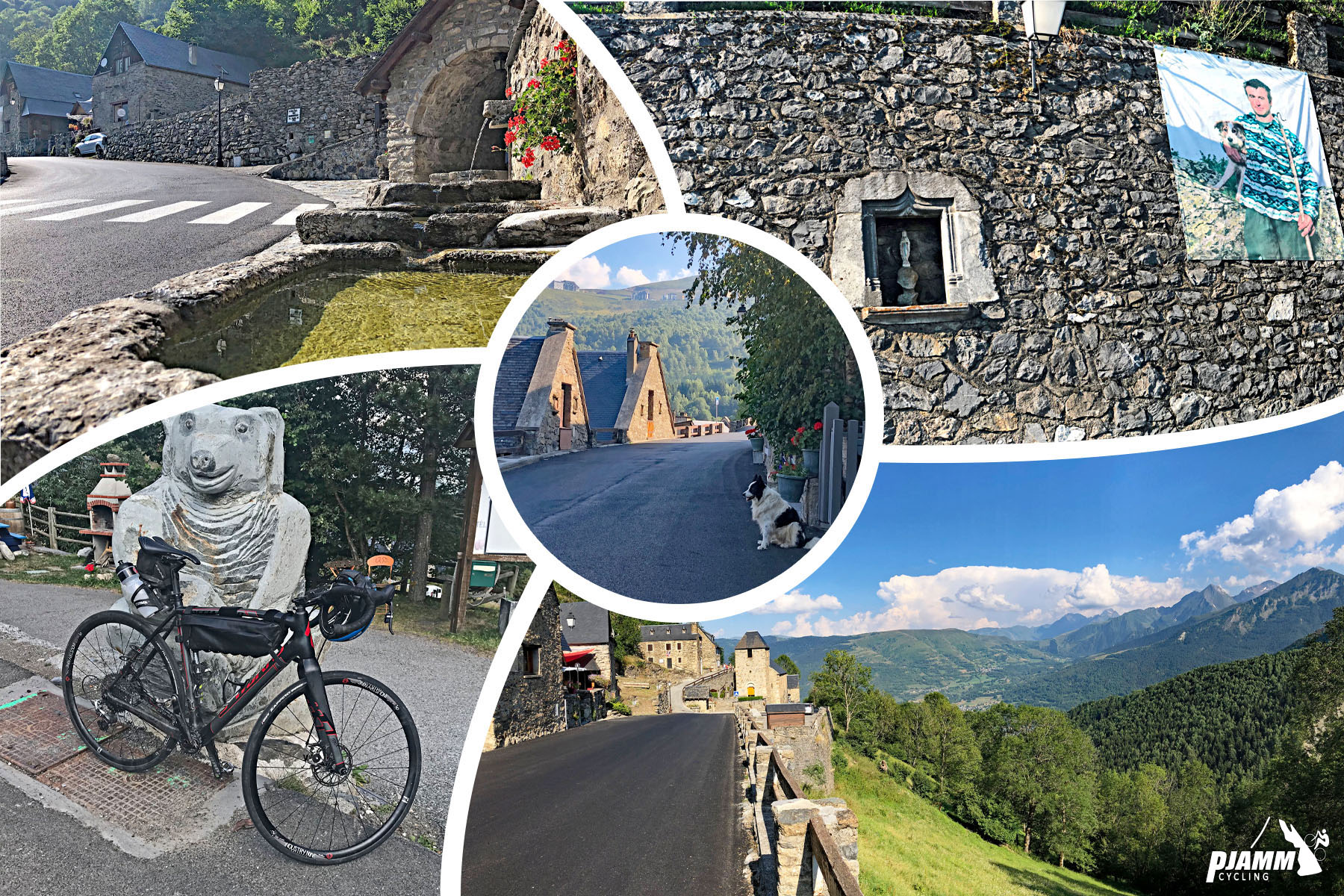 Cycling Col de Portet town of Soulan 5.2 kilometers into the ride; old stone buildings; bike parked in front of a bear statue