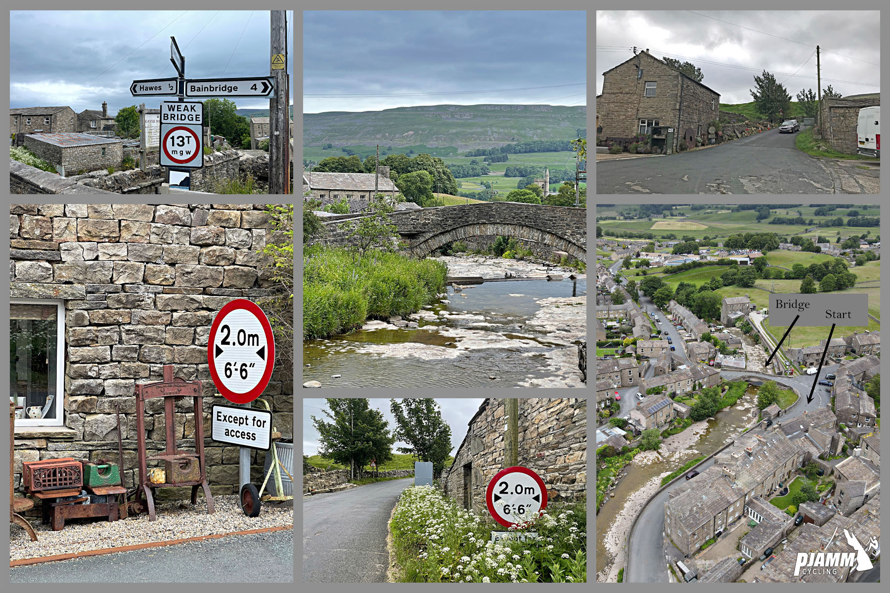 Cycling Fleet Moss, England photo collage shows town of Hawes at climb start; old stone buildings, stone bridge crossing creek