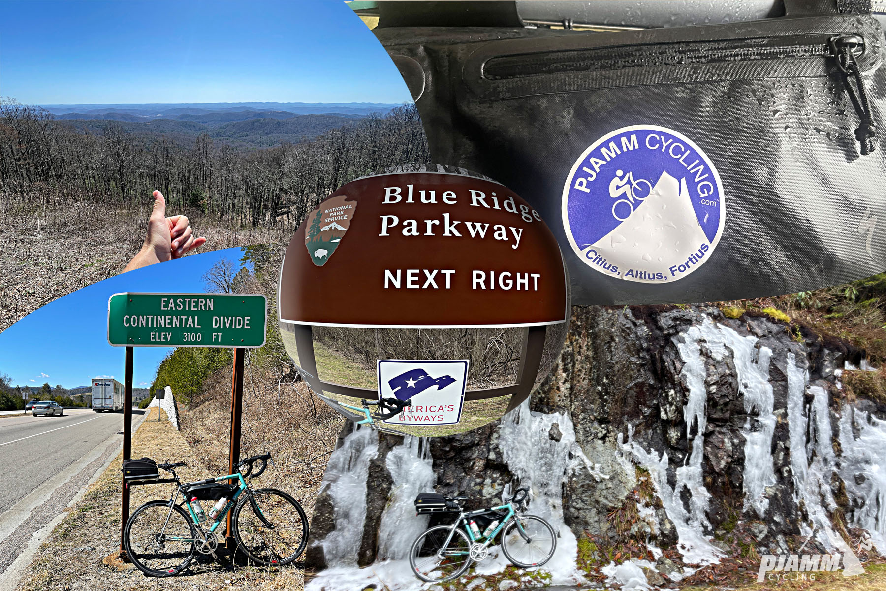 photo collage, PJAMM Cycling logo in corner; NPS sign for Blue Ridge Parkway, bike parked next to sign for Eastern Continental Divide