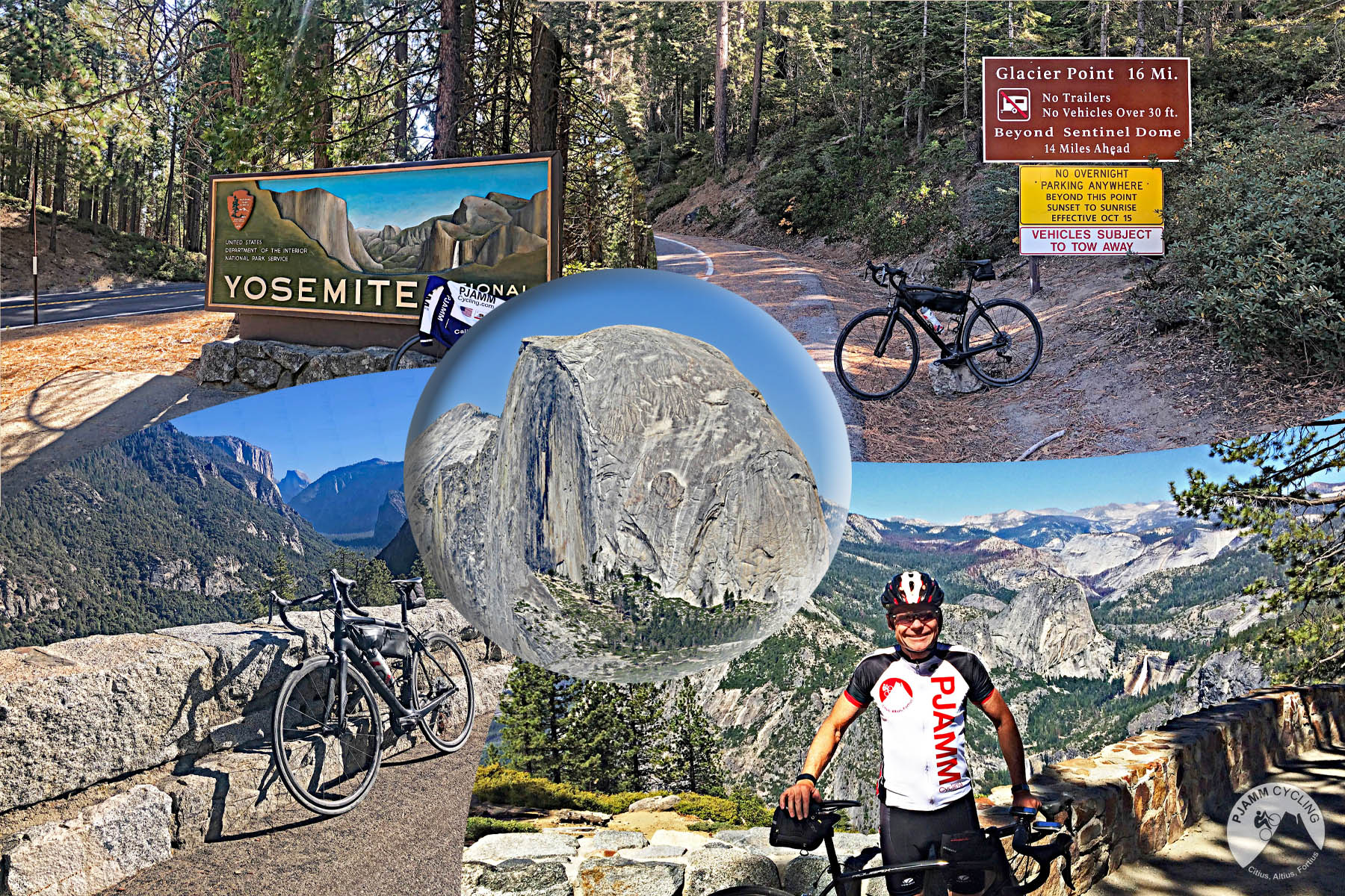 Cycling Glacier Point - collage of half dome, cyclist, bike, el capitan