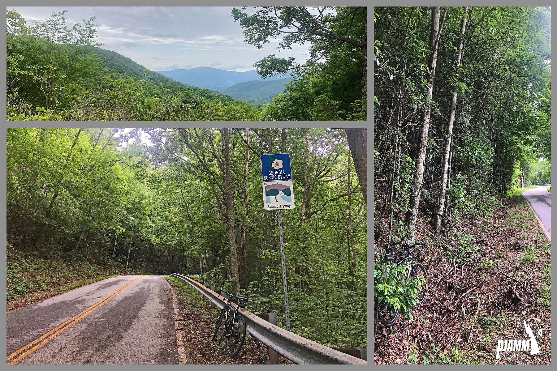 Cycling Brasstown Bald, Georgia - photo collage, PJAMM Cycling logo in corner, bike parked on roadside against guardrail next to sign for Georgia Scenic Byway, sweeping views of green hillsides and beyond, blue mountain ranges, bike parked in trees next to roadside