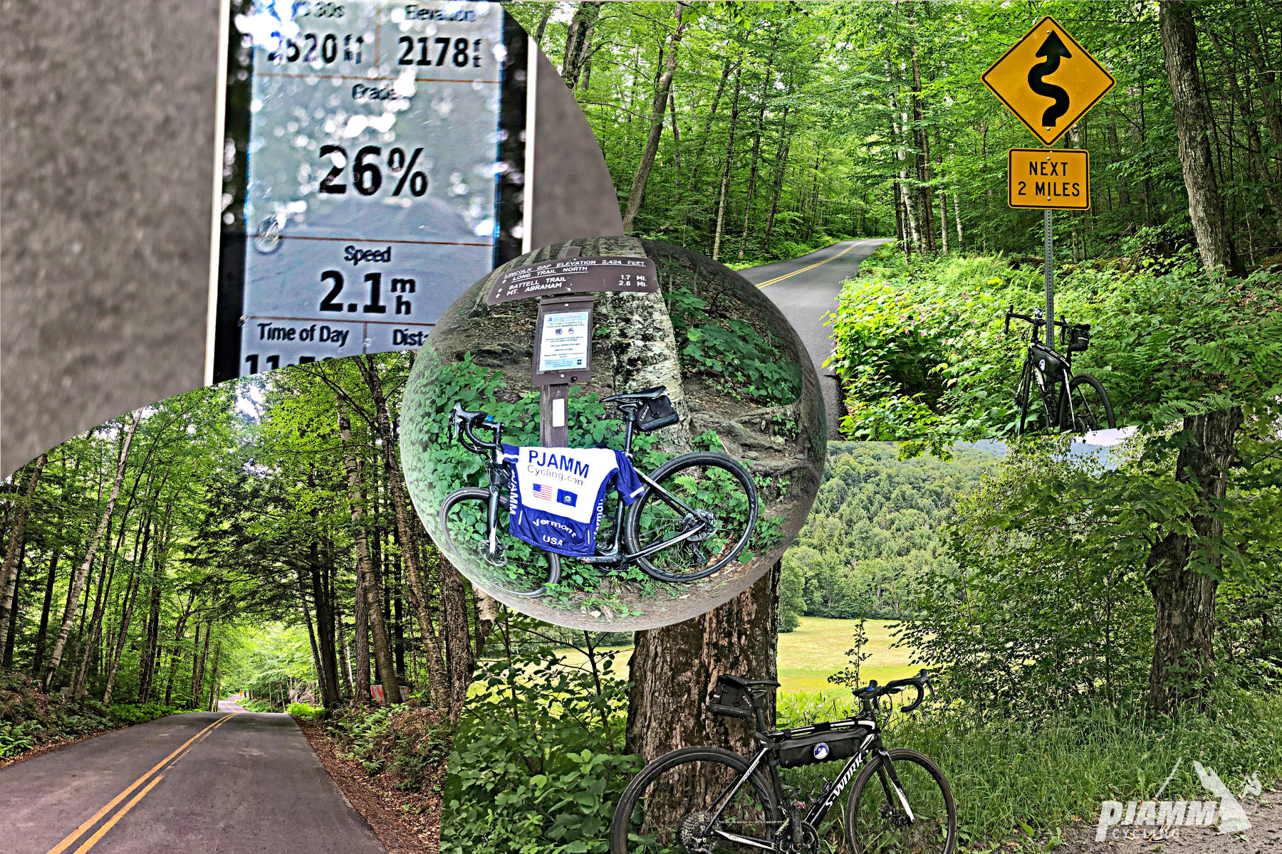 Cycling Lincoln Gap East - Garmin device showing 26% grade, lush tree-lined road with dense canopy and road sign for winding road next two miles, bike propped up against tree overlooking pastureland, bike with PJAMM cycling jersey draped across it propped up on trail sign for Lincoln Gap
