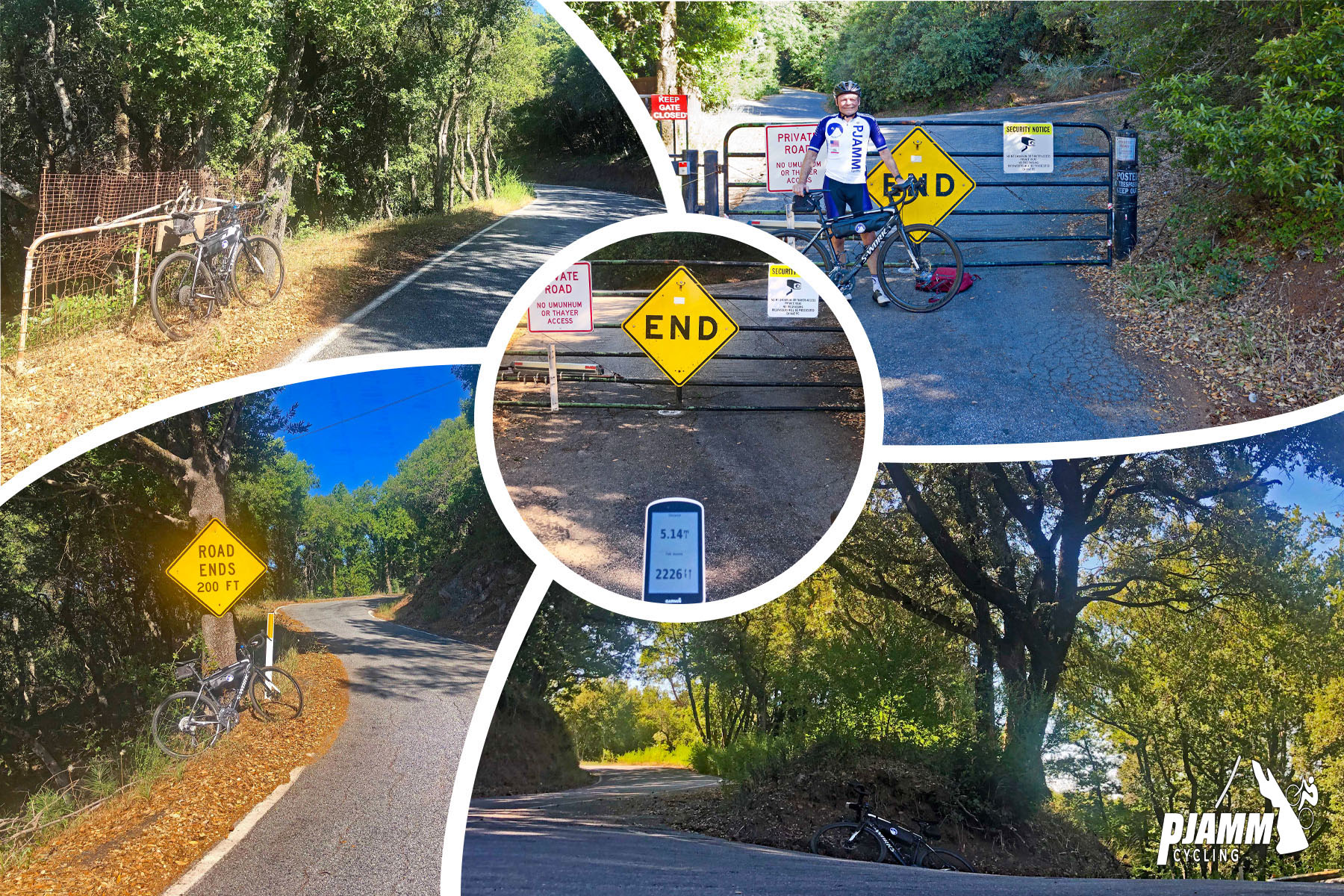 Cycling Soda Springs, Road, Los Gatos, California - climb ends at a gate with sign reading "Private Road, No Umunhum or Thayer Access," PJAMM Cyclist stands with bike in front of gate