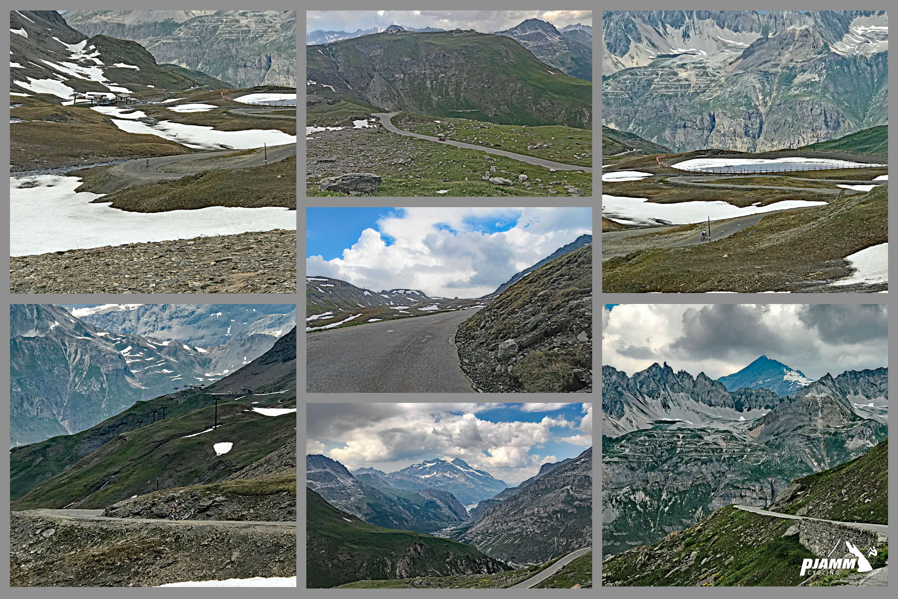 Cycling Col de L'Iseran: photo collage shows vies along the middle and upper portions of the climb, above the town of Val d'Isere; pockets of snow dotting landscape, long narrow mountain road snakes its way up mountain