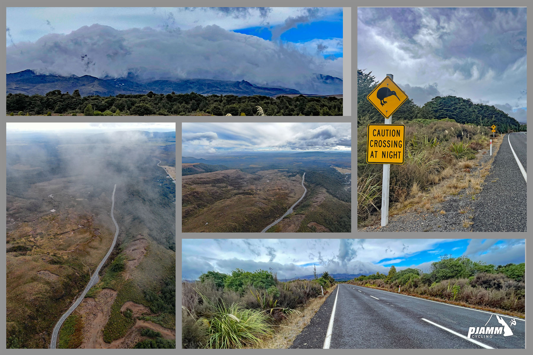 Climbing Ruapehu Ski Area, New Zealand photo collage shows aerial drone pictures of the roadway up the mountain, and photos of the mountain tundra in front of you as you climb toward it