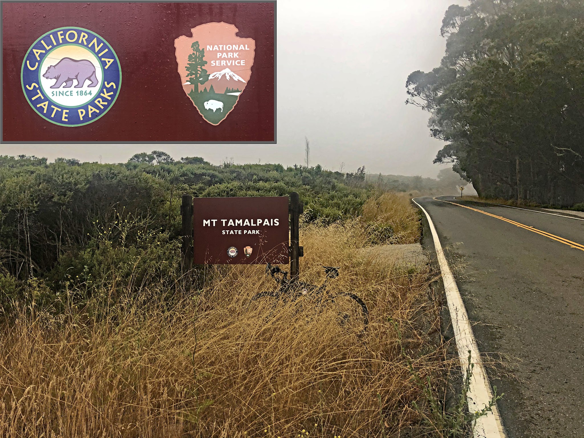 Cycling Mt. Tamalpais from Panoramic Highway South Cycling Mt. Tamalpais from Panoramic Highway South - bike parked next to California State Parks/National Park Service sign for Mt. Tamalpais State Park along roadside