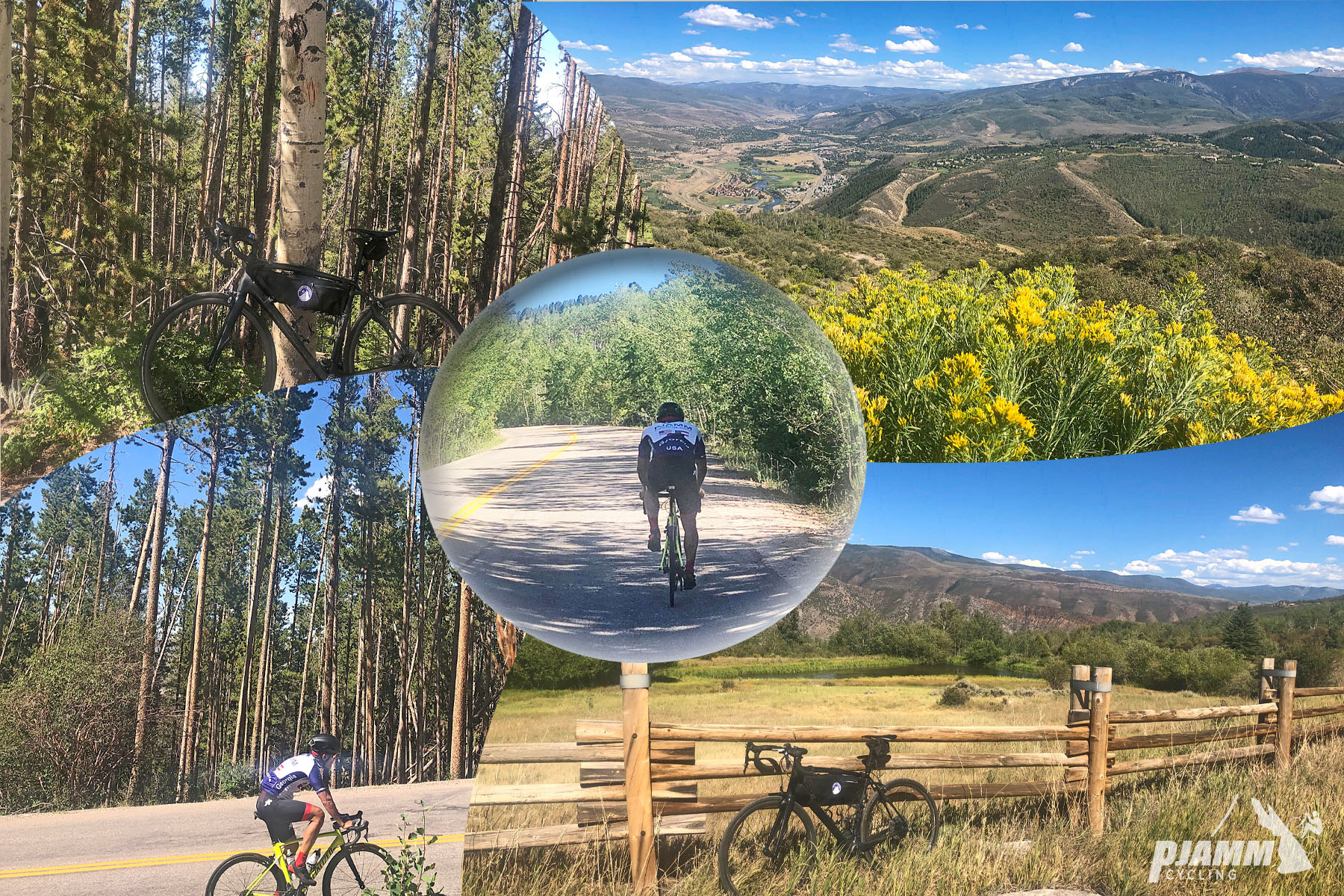 Cycling Bellyache Ridge, Colorado - photo collage, PJAMM Cycling logo in corner, bike parked against tree trunk in forested area with tall thin trees, cyclist on roadway next to trees, bike parked in grass next to wooden fence, view from top of climb overlooking valley below